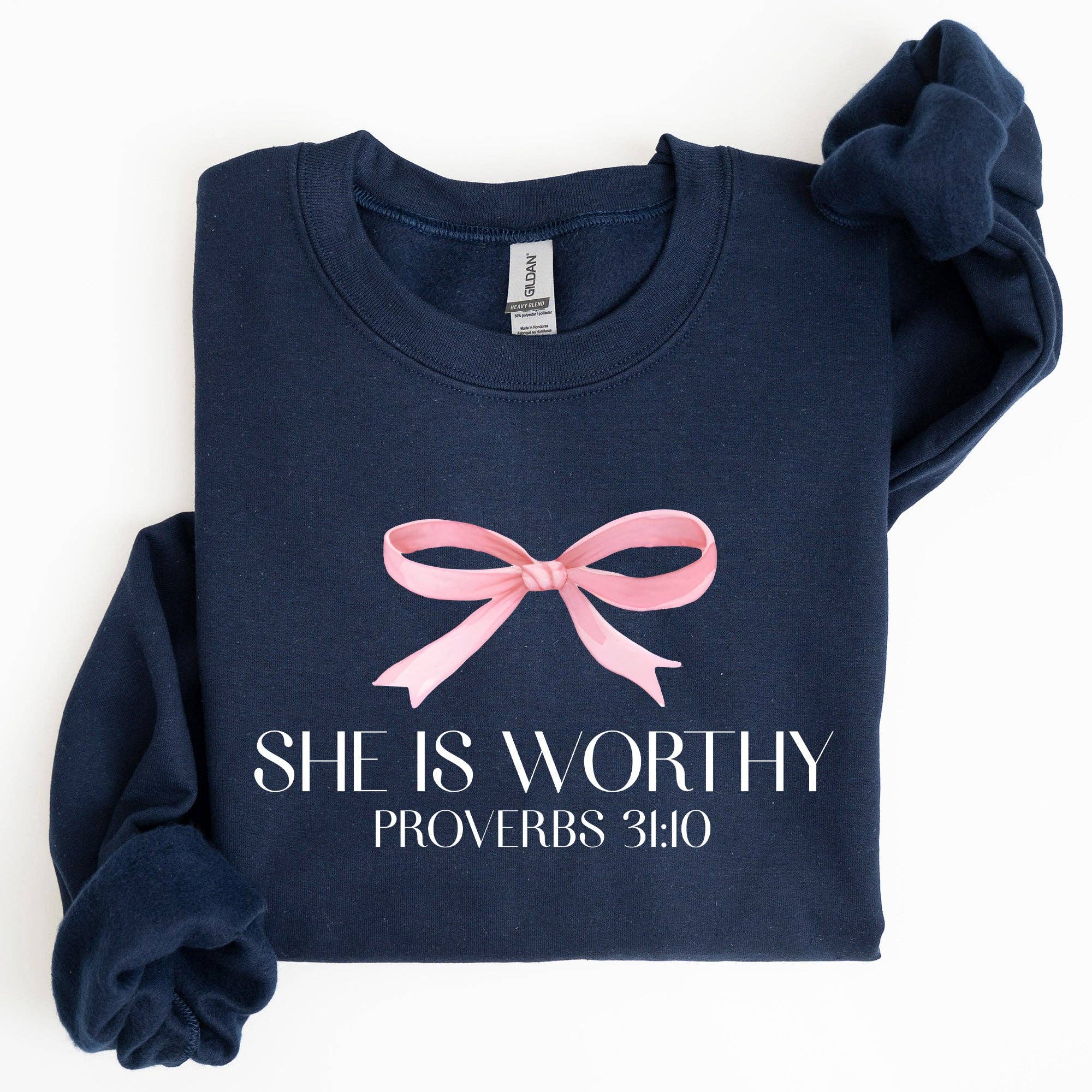 She Is Worthy, Christmas, Bow Pink, Soft Girl Era - Adult & Kids T-Shirts, Sweatshirts & Hoodies apparel design preview 1