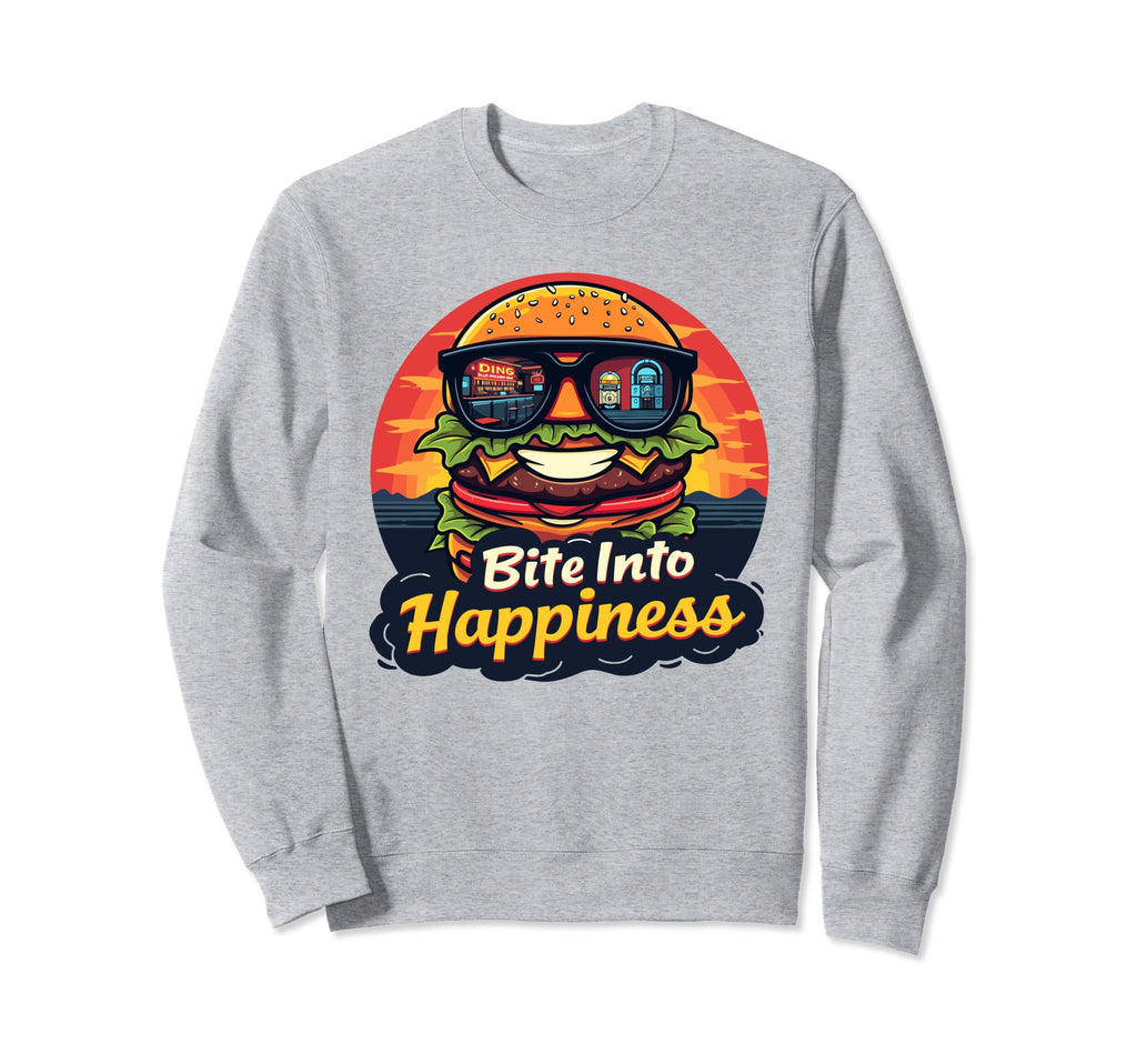 Bite Into Happiness Burger Sweatshirt - Novelty Apparel for Adults - T-Shirt, Sweatshirt, Hoodie