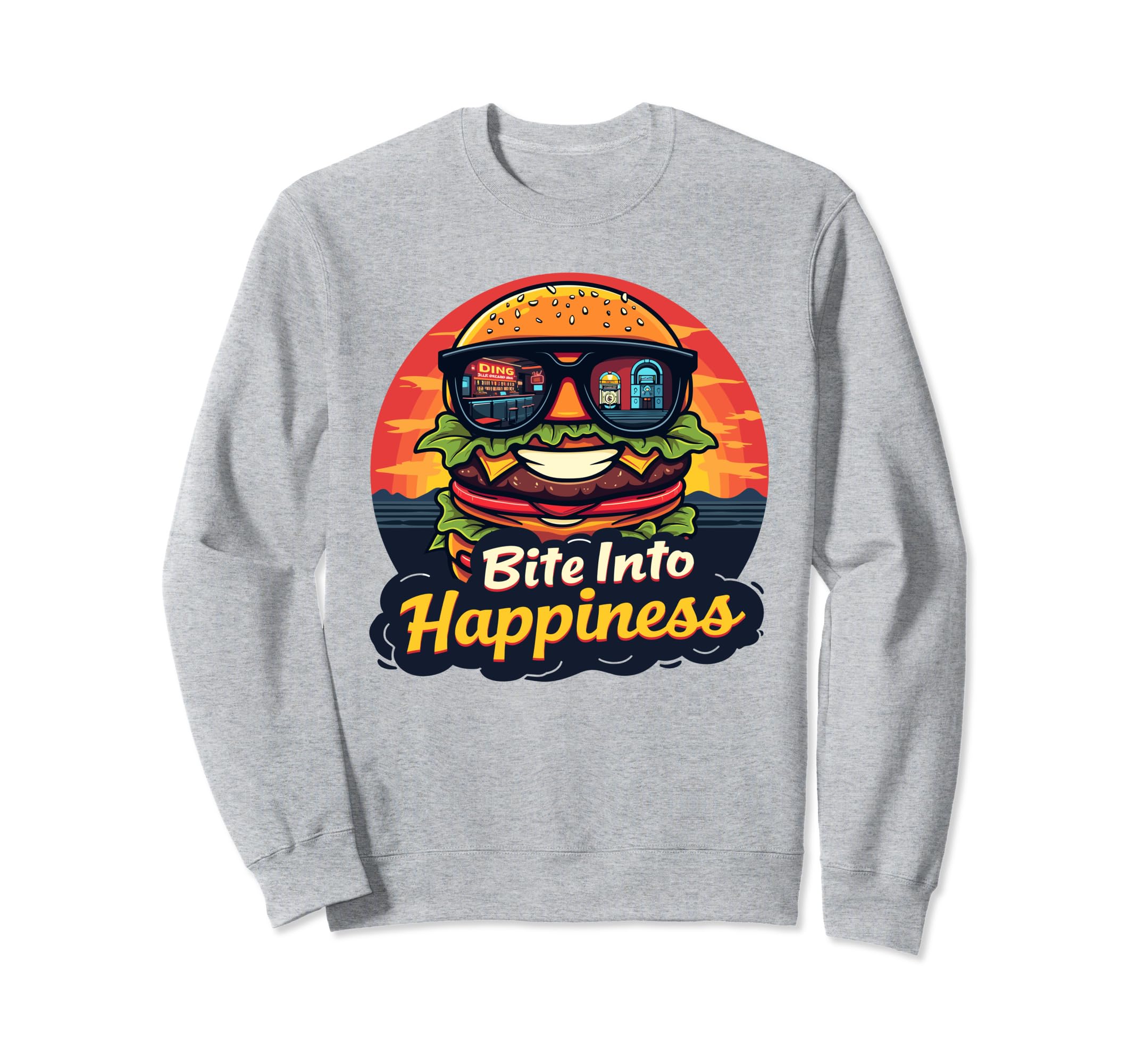 Bite Into Happiness Burger Sweatshirt - Novelty Apparel for Adults - T-Shirt, Sweatshirt, Hoodie