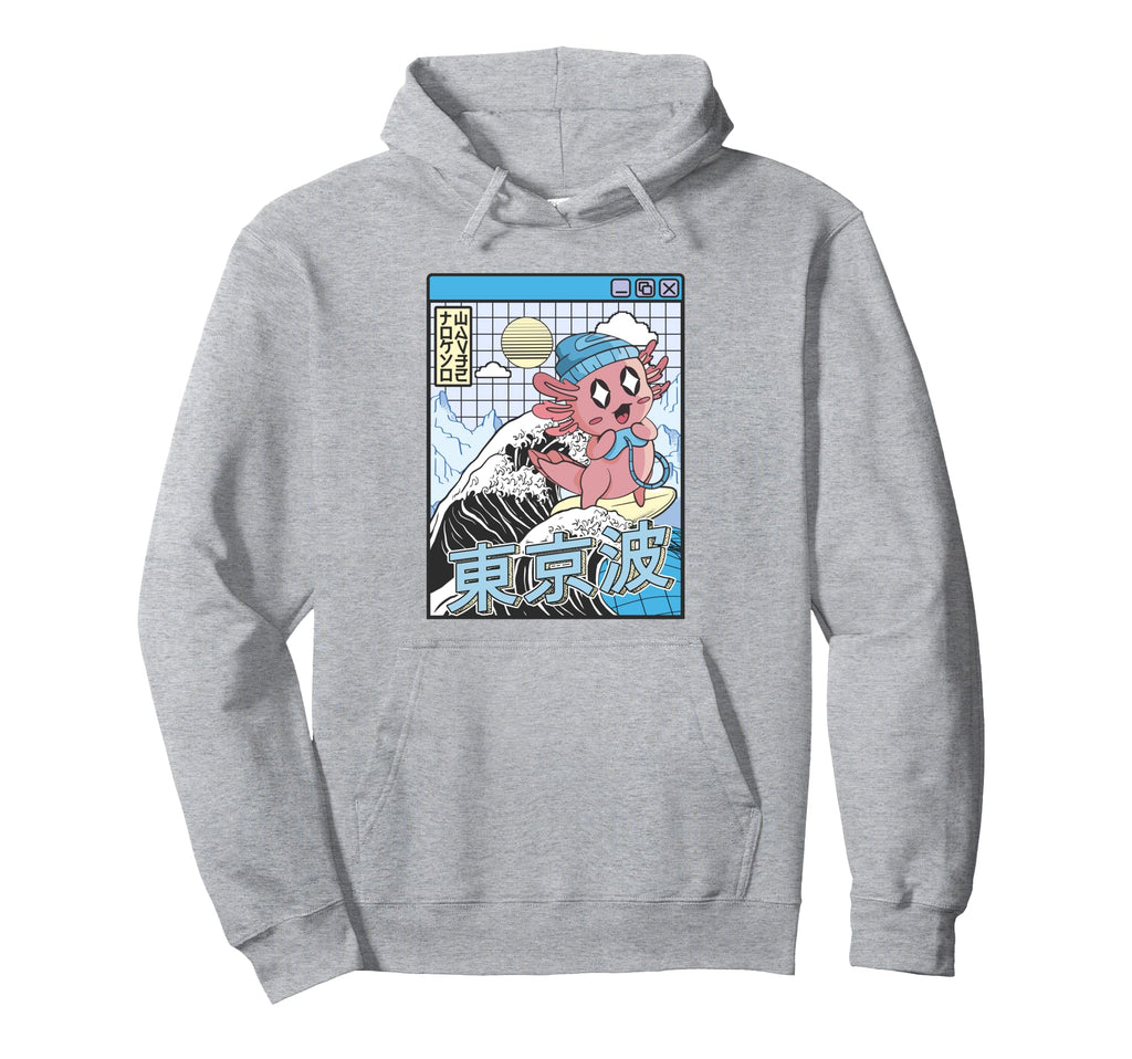 Gaming Axolotl Surfing Kanagawa Wave Hoodie - Minimalist Print for Adults - T-Shirt, Sweatshirt, Hoodie
