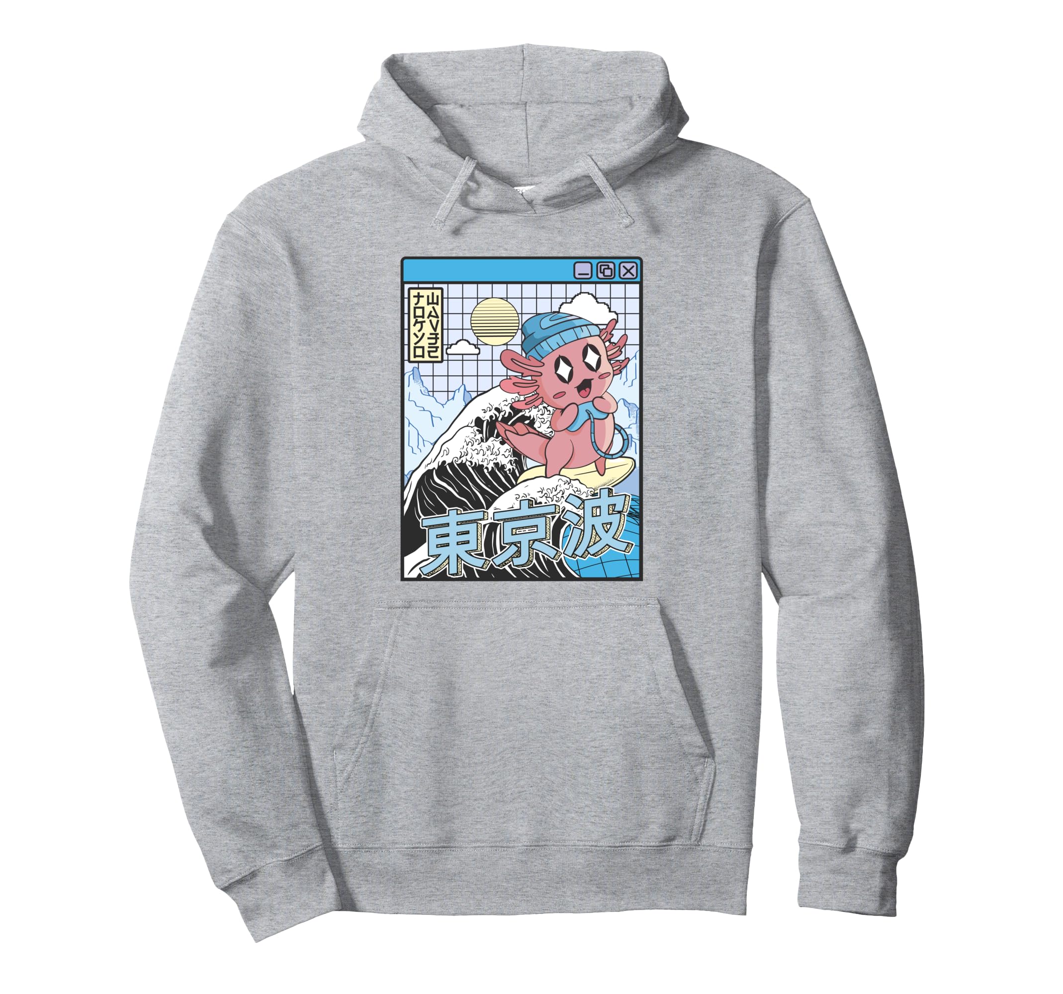 Gaming Axolotl Surfing Kanagawa Wave Hoodie - Minimalist Print for Adults - T-Shirt, Sweatshirt, Hoodie