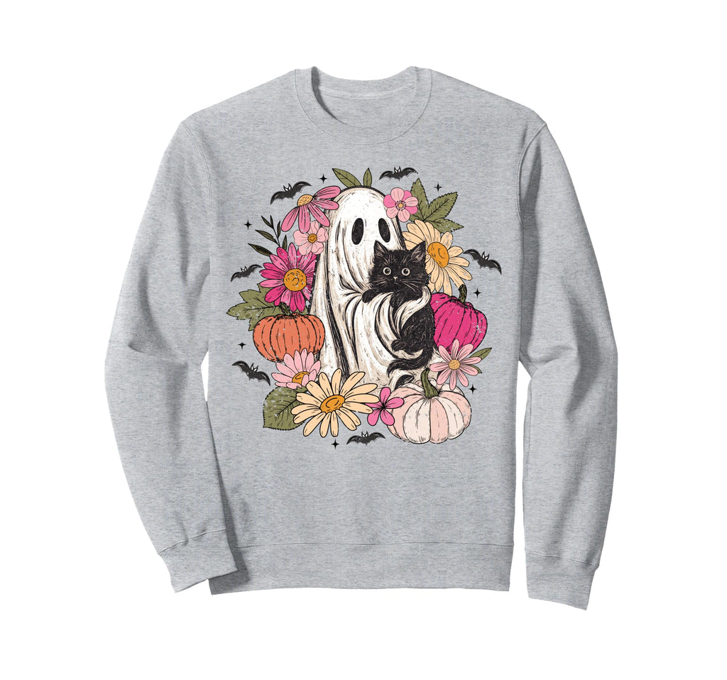 Ghost Black Cat Floral Boho Sweatshirt - Custom Art Print Unisex - T-Shirt, Sweatshirt, Hoodie