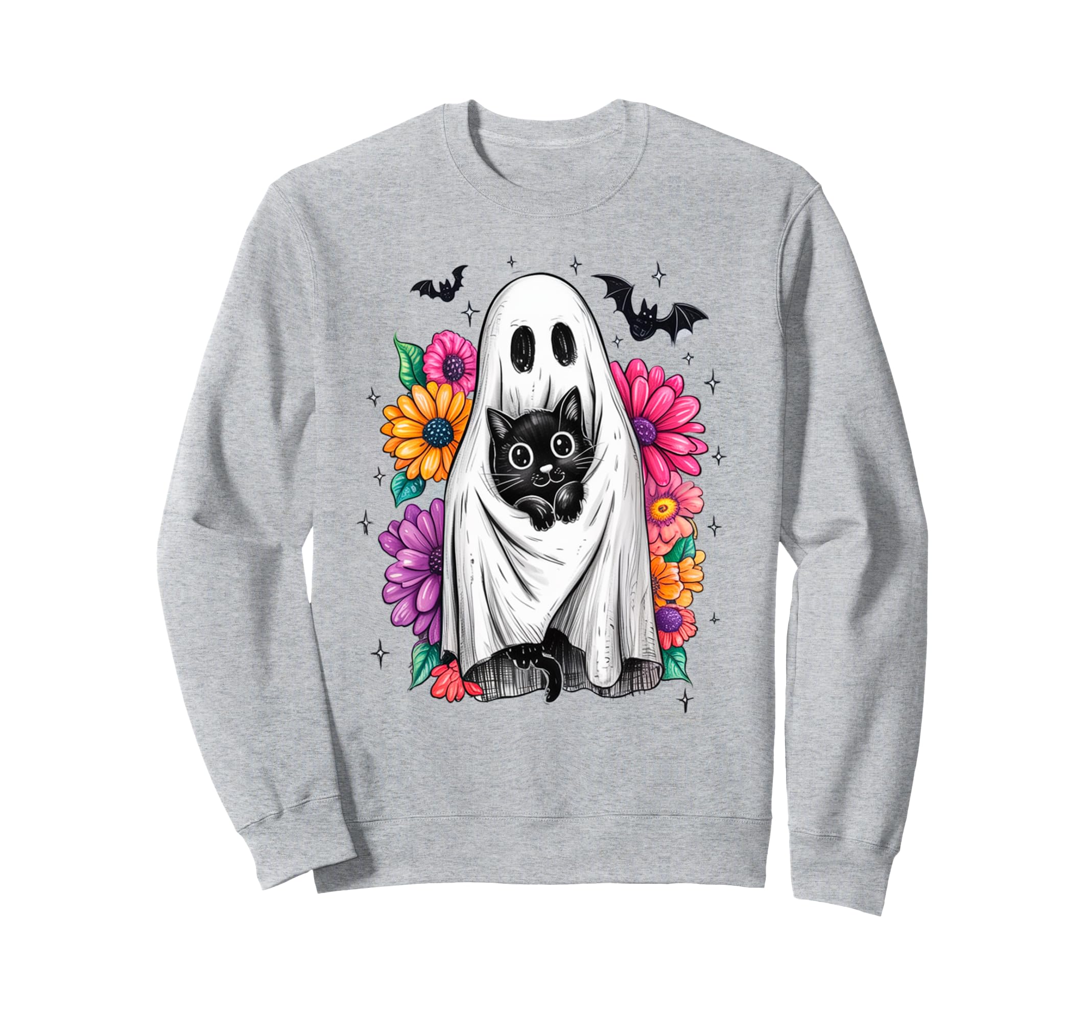 Boho Floral Spooky Ghost Holding Black Sweatshirt - Unique Graphic Unisex - T-Shirt, Sweatshirt, Hoodie
