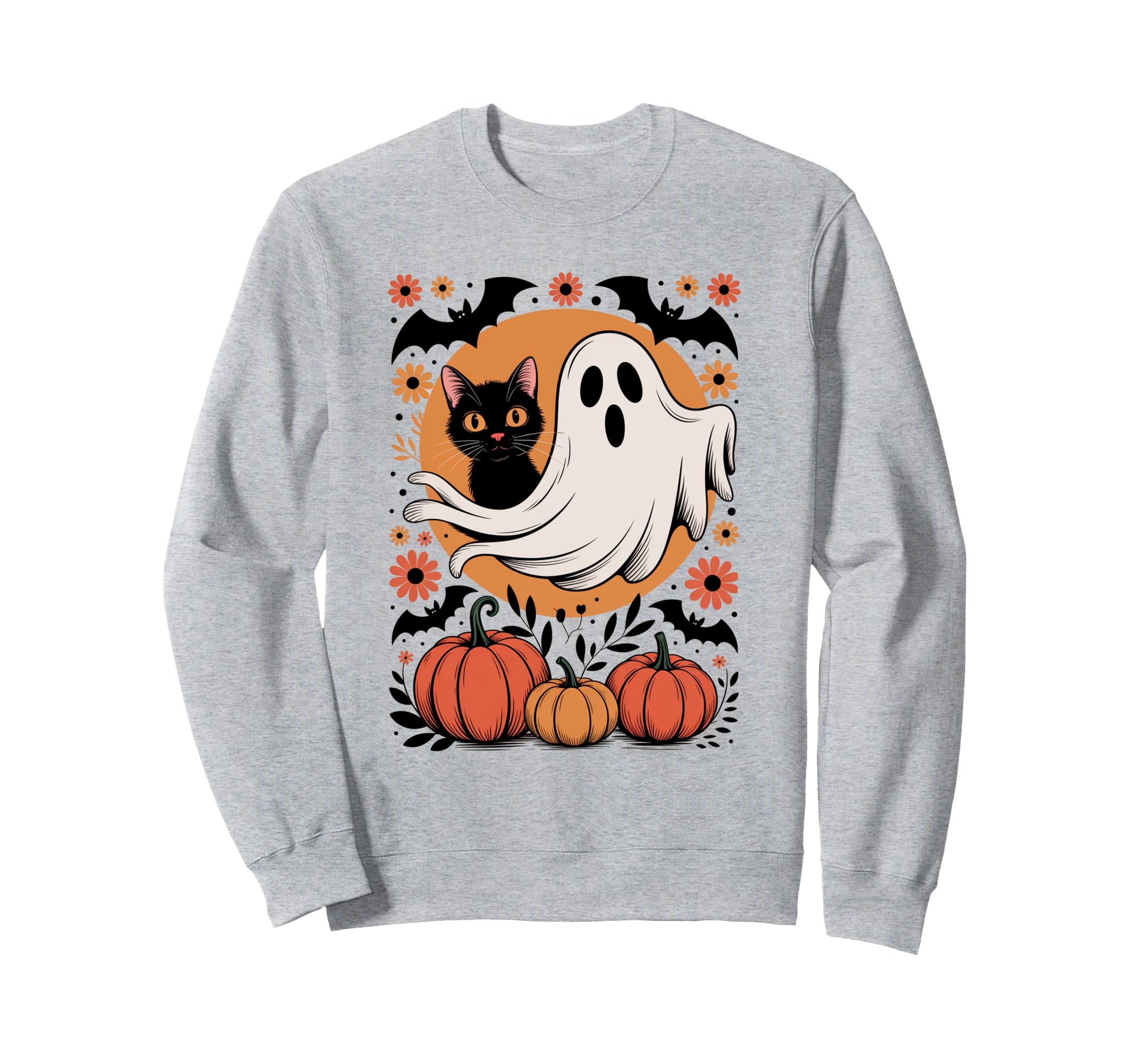 Halloween Cat Ghost Preppy Boho Sweatshirt - Fun Novelty Design for Adults - T-Shirt, Sweatshirt, Hoodie
