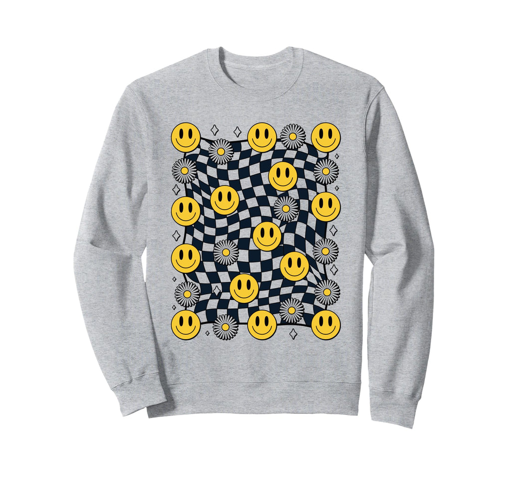 Warped Checkered Happy Face Trippy Sweatshirt - Novelty Apparel for Adults - T-Shirt, Sweatshirt, Hoodie