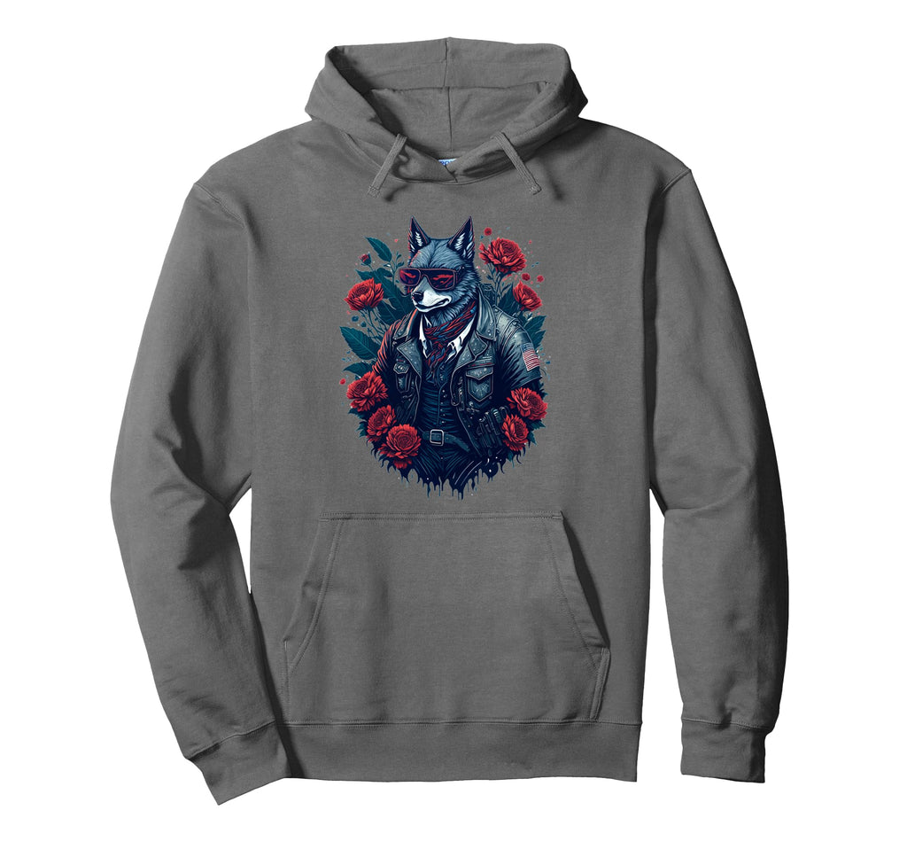 Patriotic Biker Wolf Sunglasses Usa Floral Hoodie - Trendy Graphic Unisex - T-Shirt, Sweatshirt, Hoodie