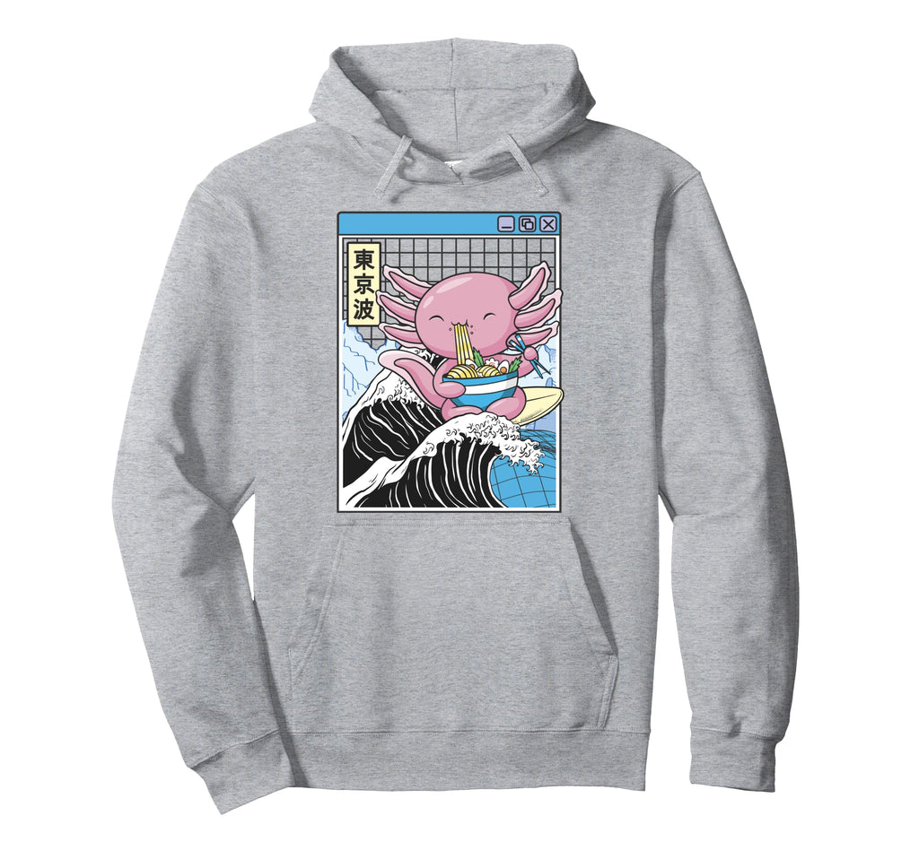 Axolotl Eating Ramen Kanagawa Wave Hoodie - Fun Novelty Design Men Women - T-Shirt, Sweatshirt, Hoodie