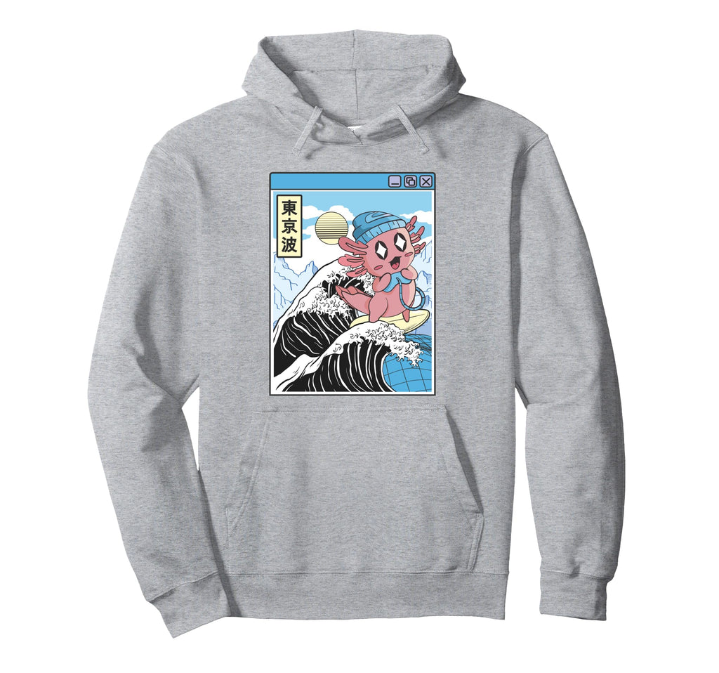 Gaming Axolotl Surfing Kanagawa Wave Hoodie - Aesthetic Graphic for Adults - T-Shirt, Sweatshirt, Hoodie