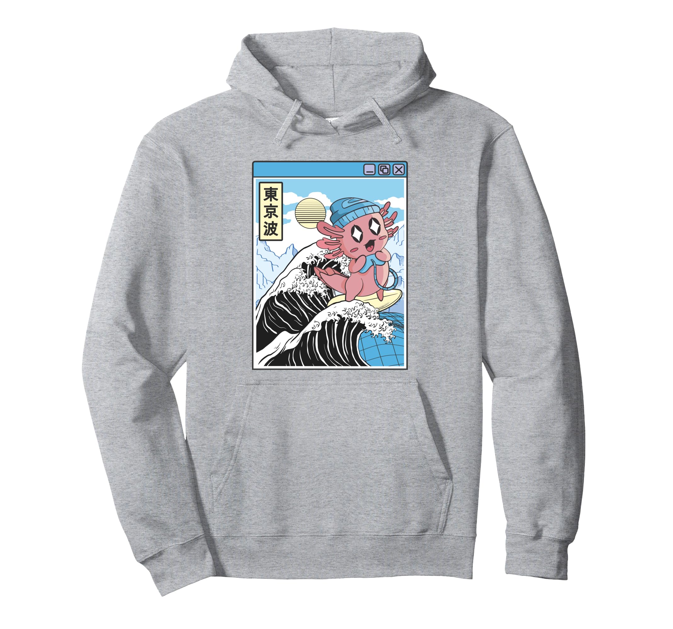 Gaming Axolotl Surfing Kanagawa Wave Hoodie - Aesthetic Graphic for Adults - T-Shirt, Sweatshirt, Hoodie