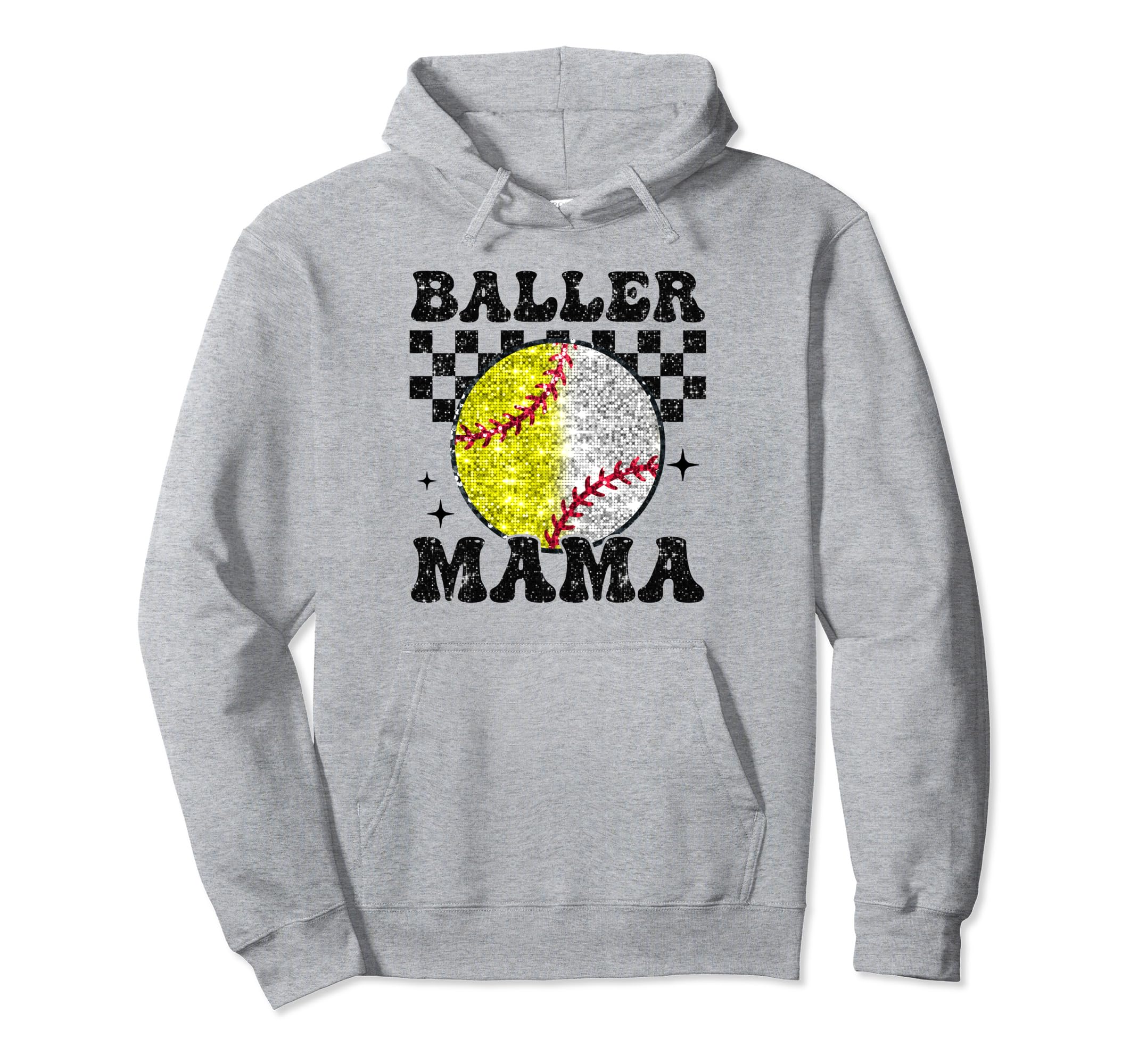Baller Mama Checkered Proud Softball Hoodie - Casual Everyday Wear Unisex - T-Shirt, Sweatshirt, Hoodie