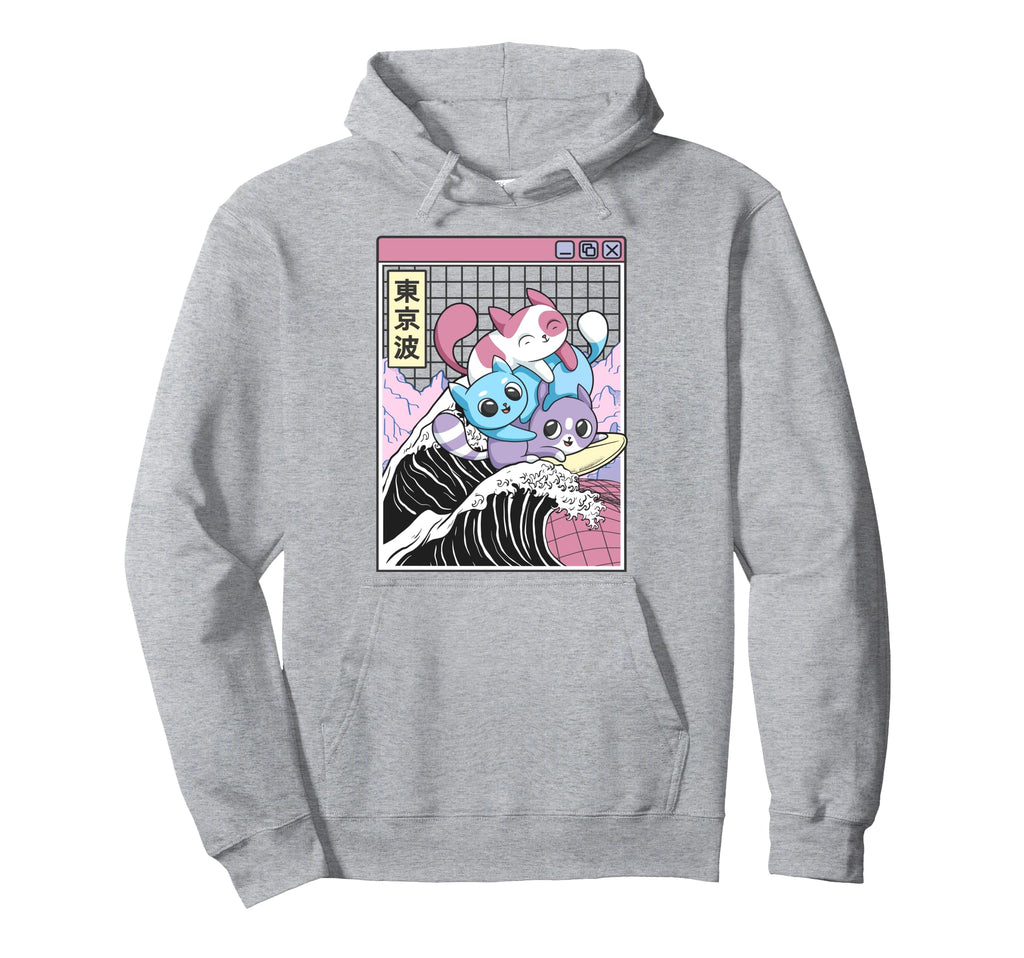 Playing Cats Surfing Kanagawa Wave Hoodie - Fun Novelty Design Men Women - T-Shirt, Sweatshirt, Hoodie