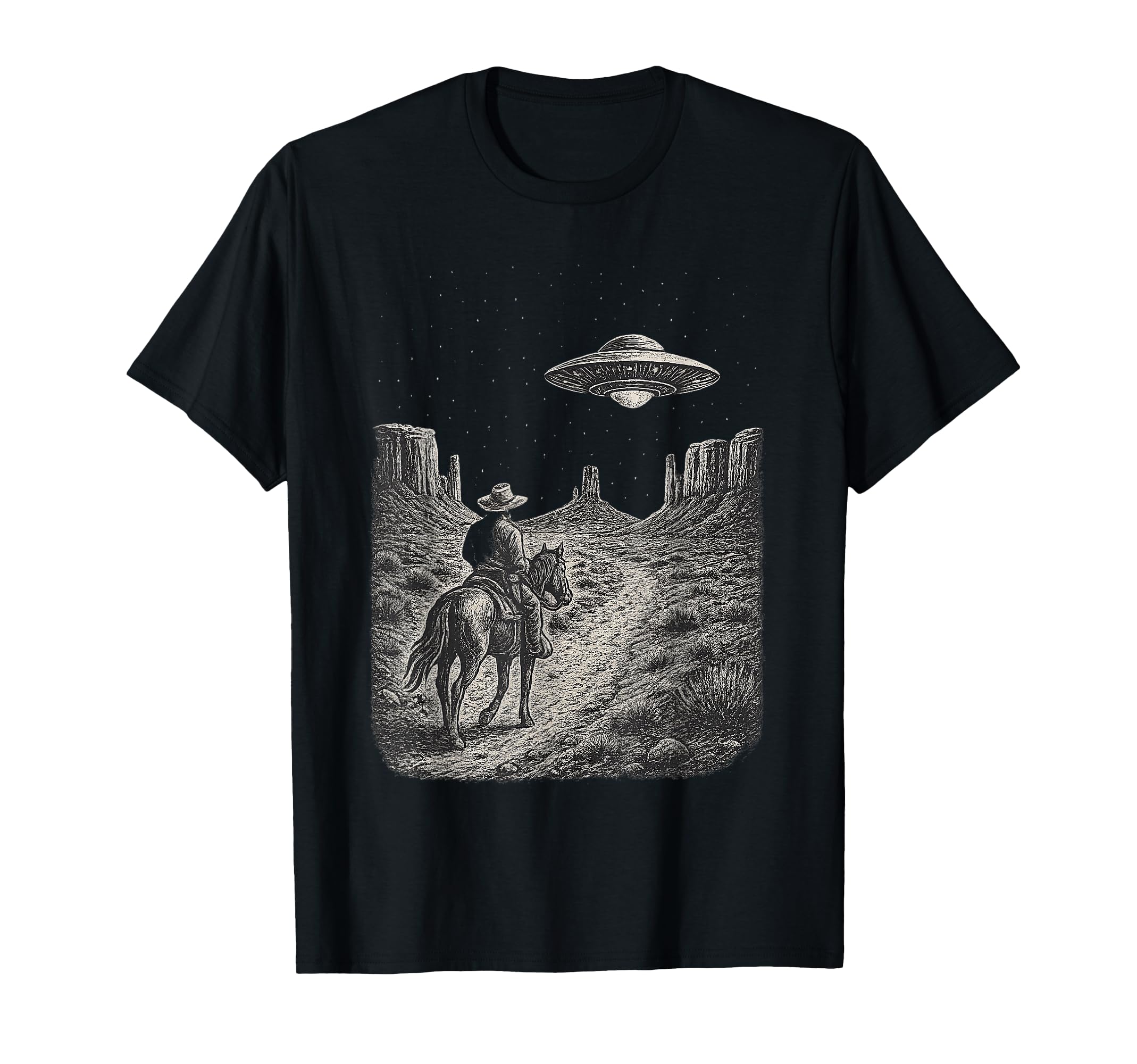 Western Ufo Cowboy Alien Encounter T-Shirt - Custom Art Print Unisex - T-Shirt, Sweatshirt, Hoodie