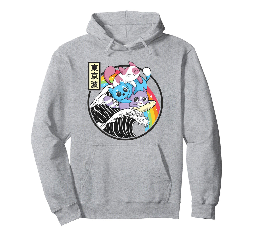 Playing Cats Surfing Kanagawa Wave Hoodie - Novelty Apparel for Adults - T-Shirt, Sweatshirt, Hoodie