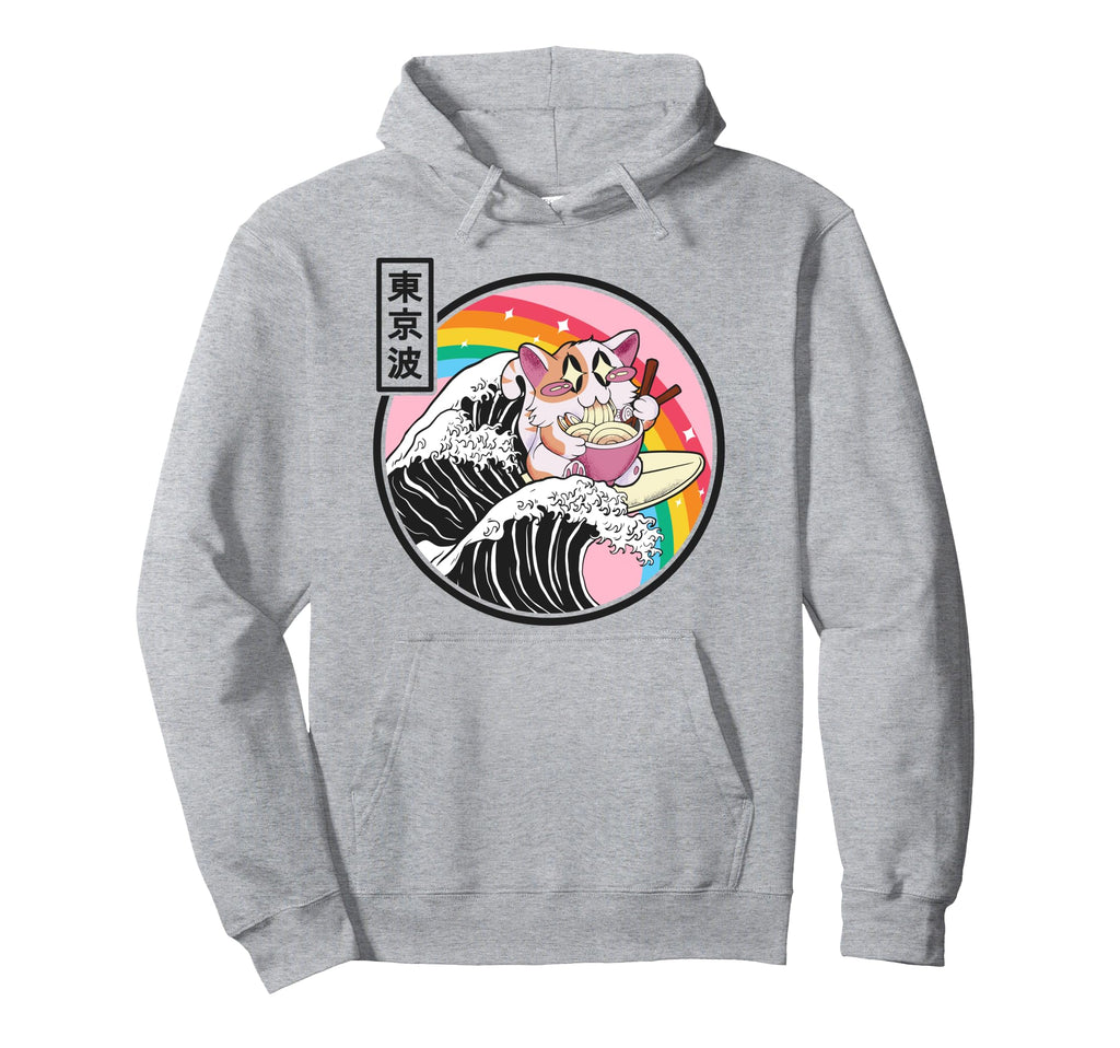 Happy Cat Eating Ramen Rainbow Kanagawa Hoodie - Novelty Apparel Unisex - T-Shirt, Sweatshirt, Hoodie