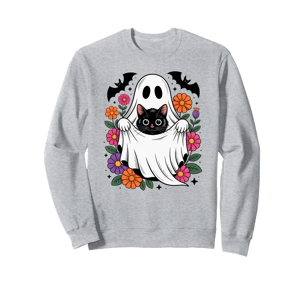 Boho Floral Spooky Ghost Cat Sweatshirt - Trendy Graphic for Adults - T-Shirt, Sweatshirt, Hoodie