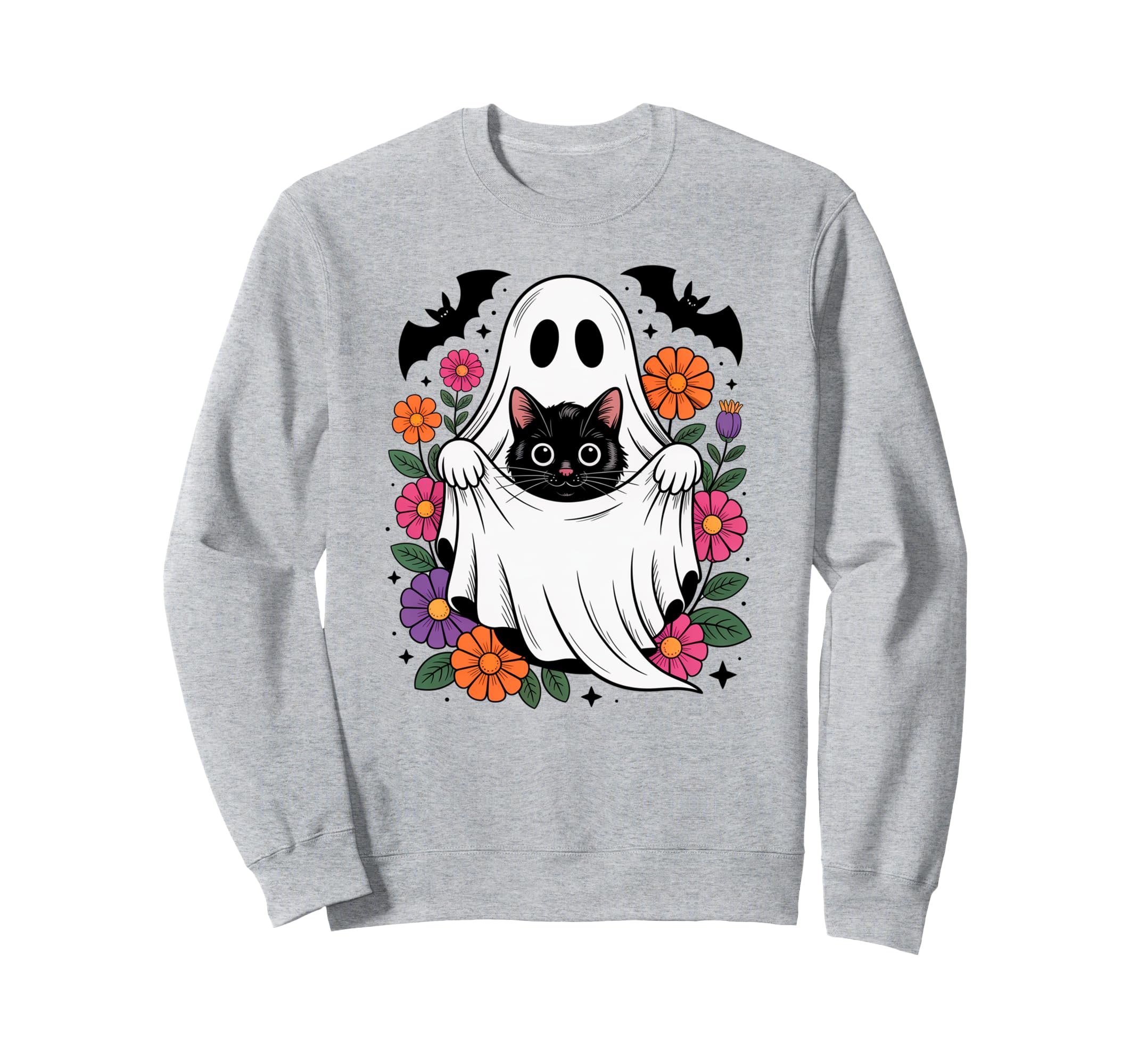 Boho Floral Spooky Ghost Cat Sweatshirt - Trendy Graphic for Adults - T-Shirt, Sweatshirt, Hoodie