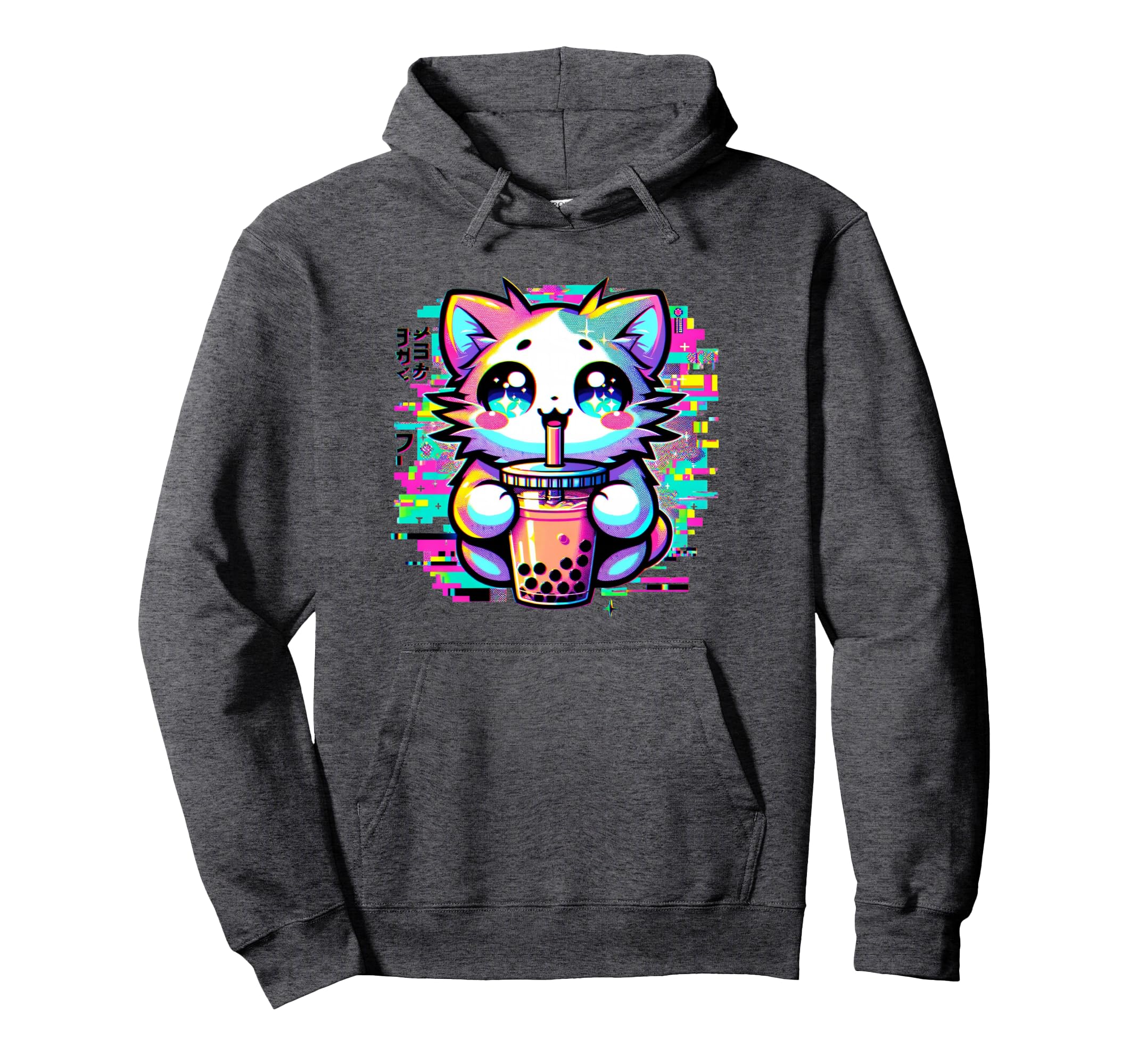Vaporwave Glitch Art Kawaii Cat Drinking Hoodie - Streetwear Style Unisex - T-Shirt, Sweatshirt, Hoodie