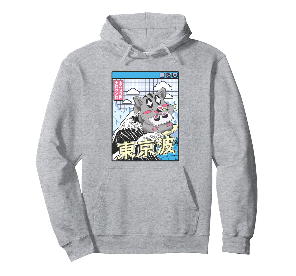 Cat Eating Sushi Surfing Kanagawa Wave Hoodie - Graphic Print for Adults - T-Shirt, Sweatshirt, Hoodie