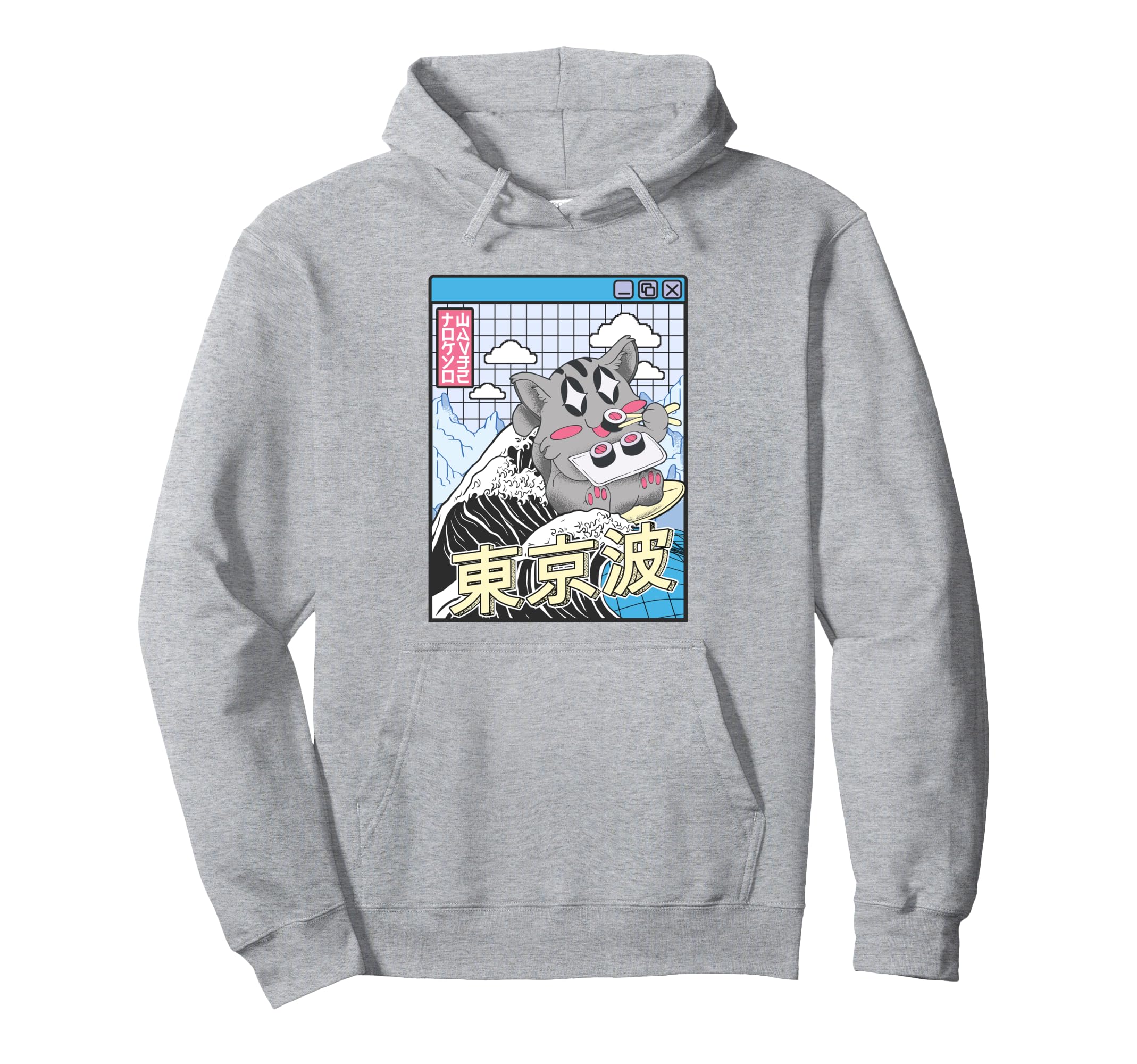 Cat Eating Sushi Surfing Kanagawa Wave Hoodie - Graphic Print for Adults - T-Shirt, Sweatshirt, Hoodie