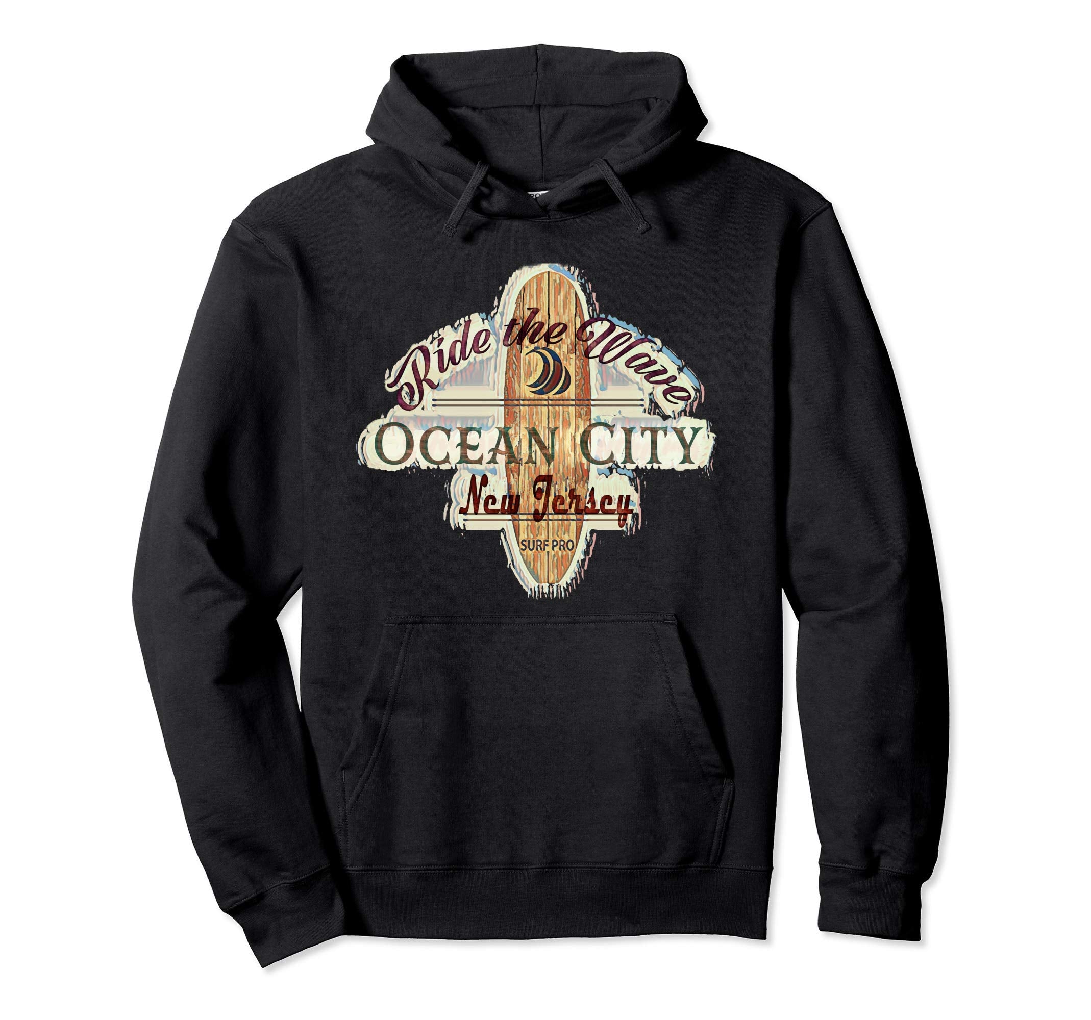 Ocean City New Jersey Surfing Distressed Hoodie - Novelty Apparel Unisex - T-Shirt, Sweatshirt, Hoodie