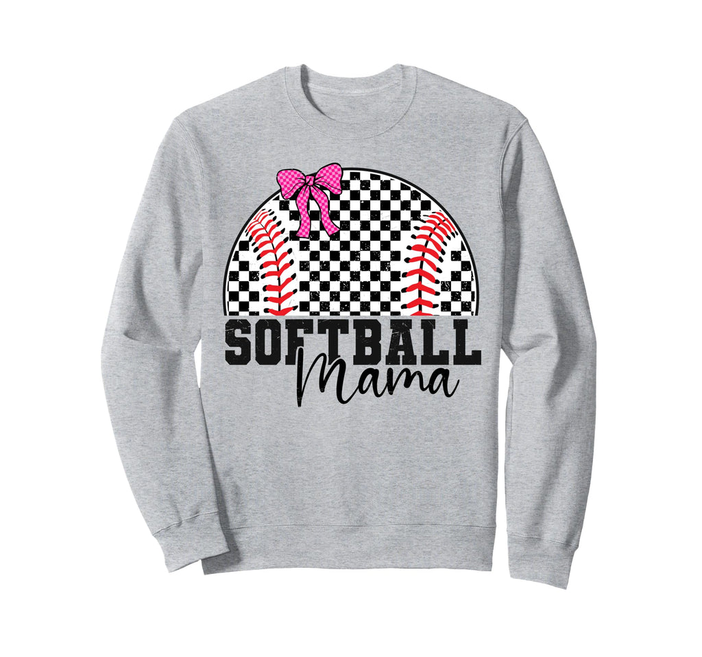 Checkered Baseball Mama Bow Sweatshirt - Casual Everyday Wear Unisex - T-Shirt, Sweatshirt, Hoodie