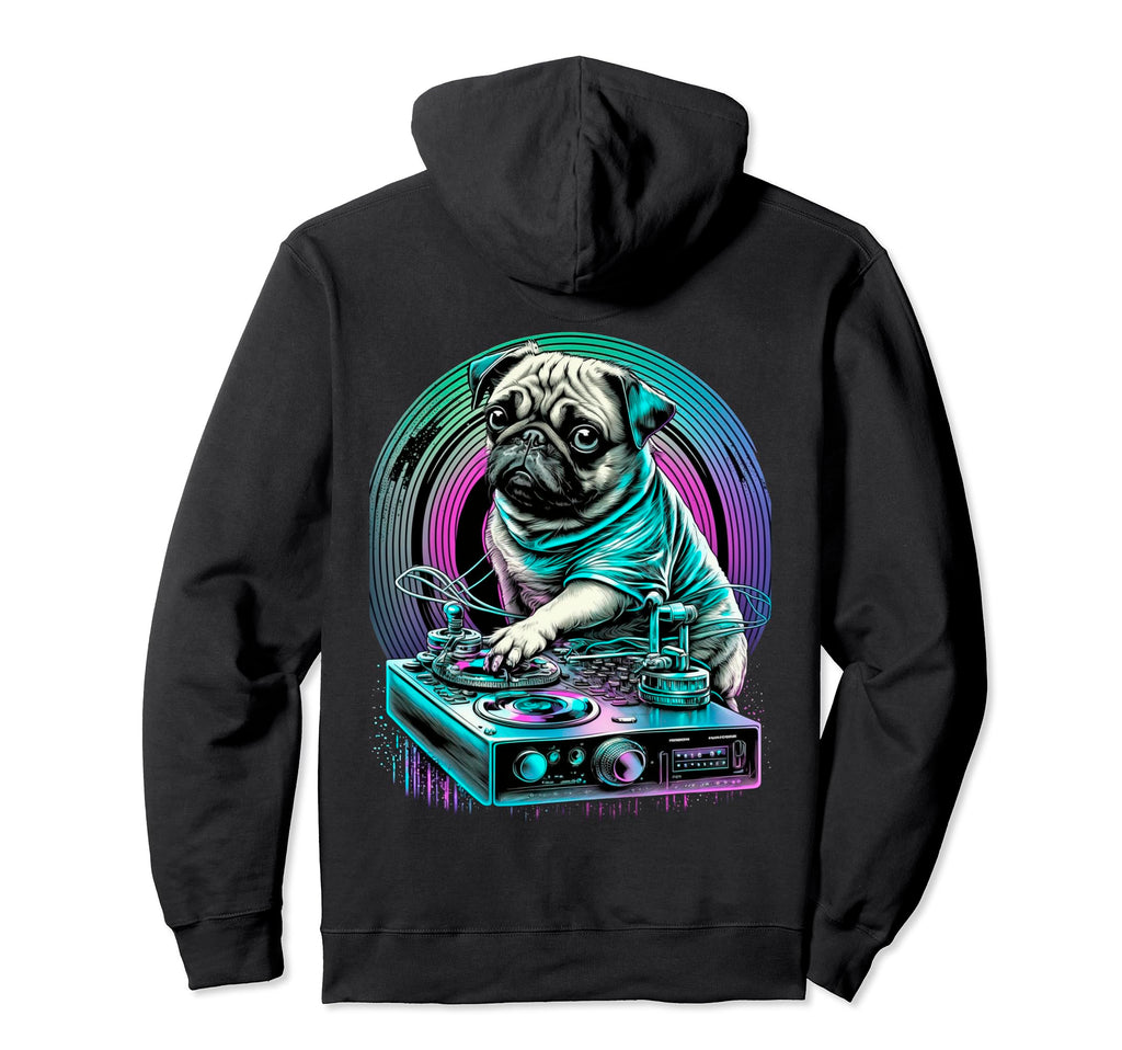 Backprint Synthwave Dogs Pug Music Dj Pug Hoodie - Graphic Print Men Women - T-Shirt, Sweatshirt, Hoodie