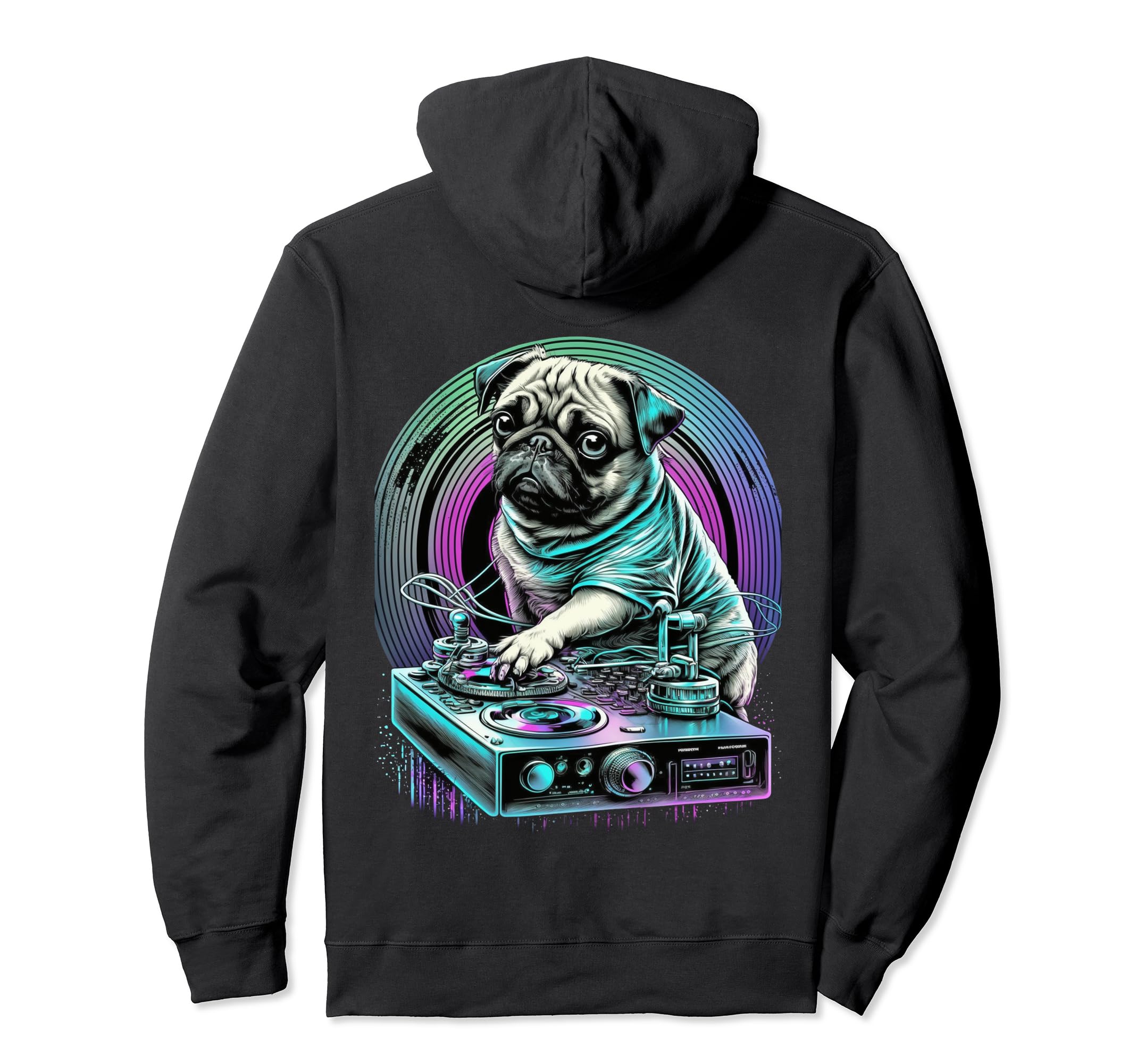 Backprint Synthwave Dogs Pug Music Dj Pug Hoodie - Graphic Print Men Women - T-Shirt, Sweatshirt, Hoodie