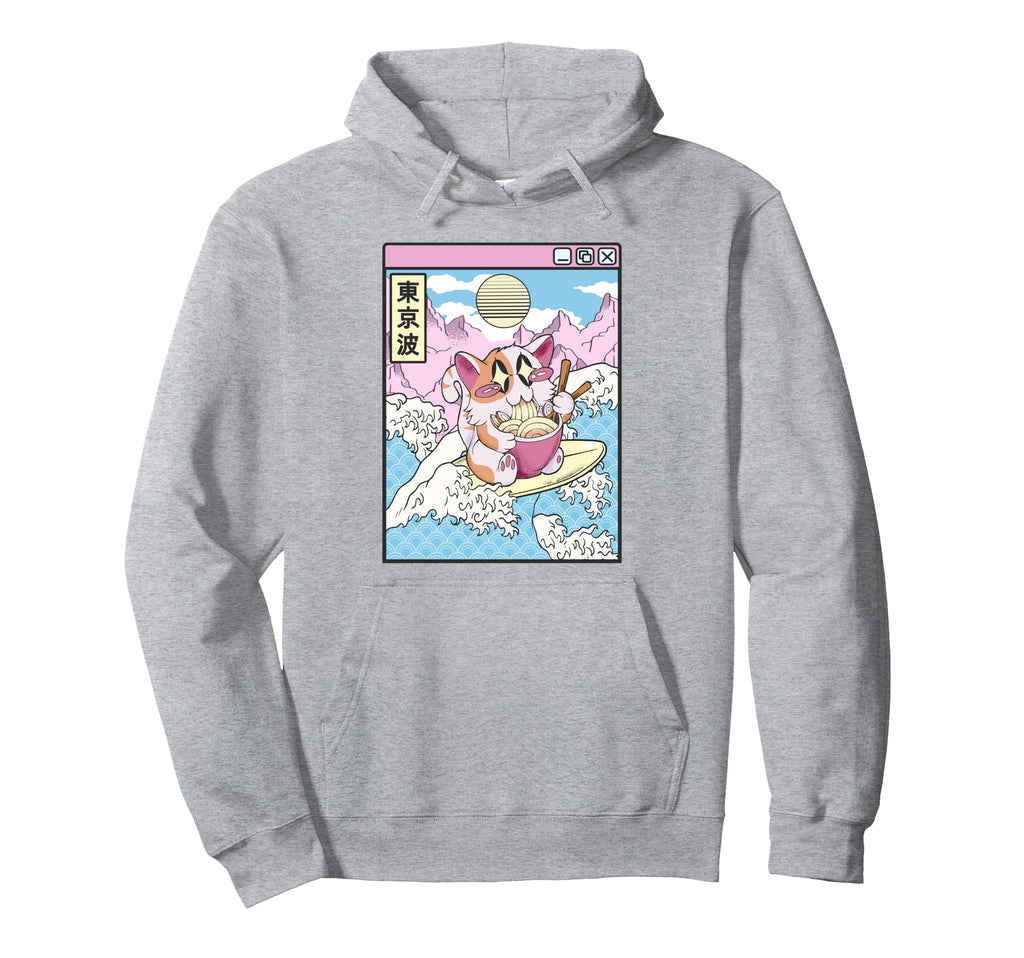 Surfing Cat Eating Ramen Japanese Hoodie - Streetwear Style Men Women - T-Shirt, Sweatshirt, Hoodie