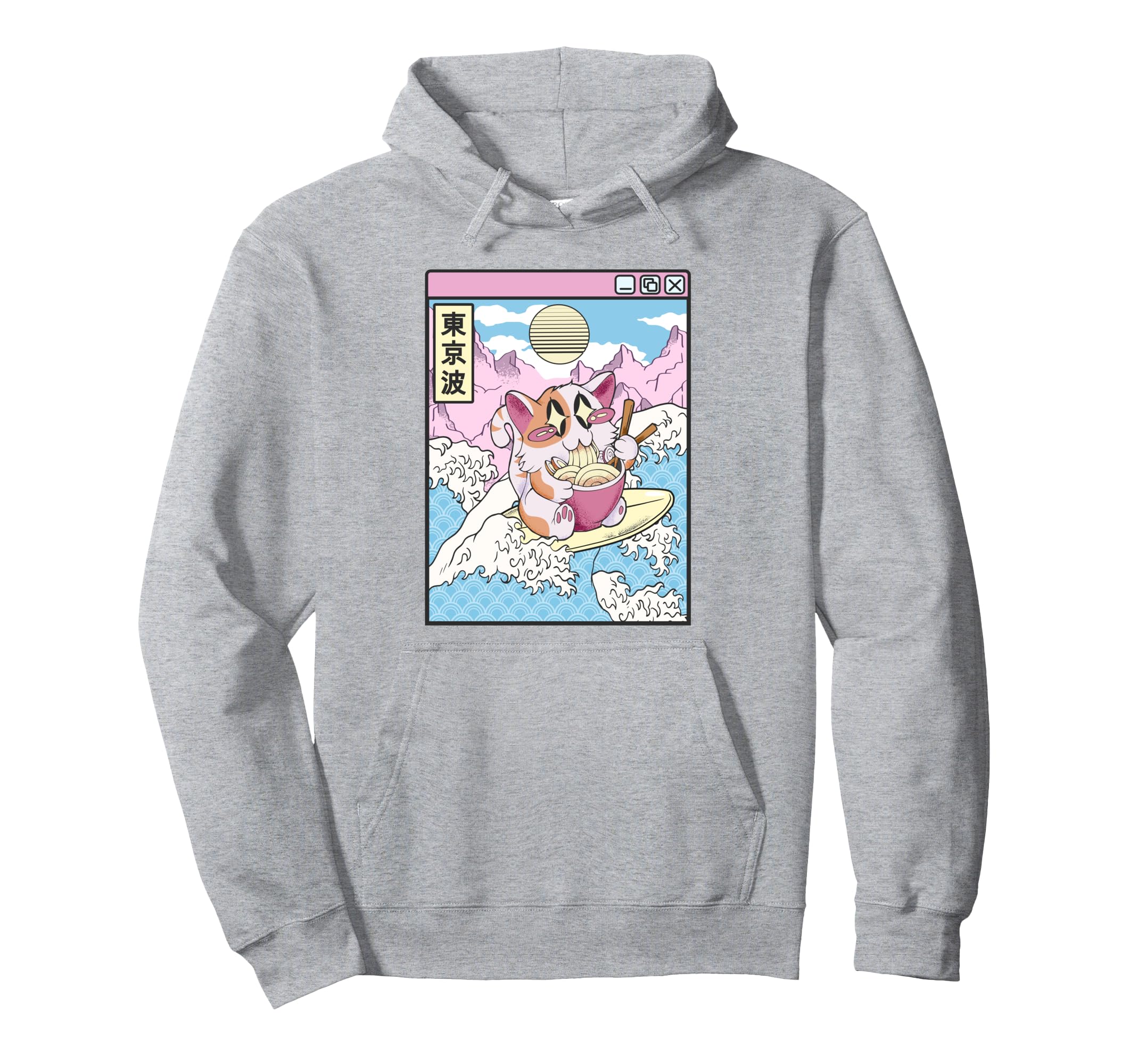 Surfing Cat Eating Ramen Japanese Hoodie - Streetwear Style Men Women - T-Shirt, Sweatshirt, Hoodie