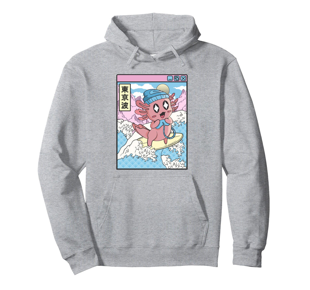Gaming Axolotl Surfing Japanese Wave Hoodie - Graphic Print Men Women - T-Shirt, Sweatshirt, Hoodie