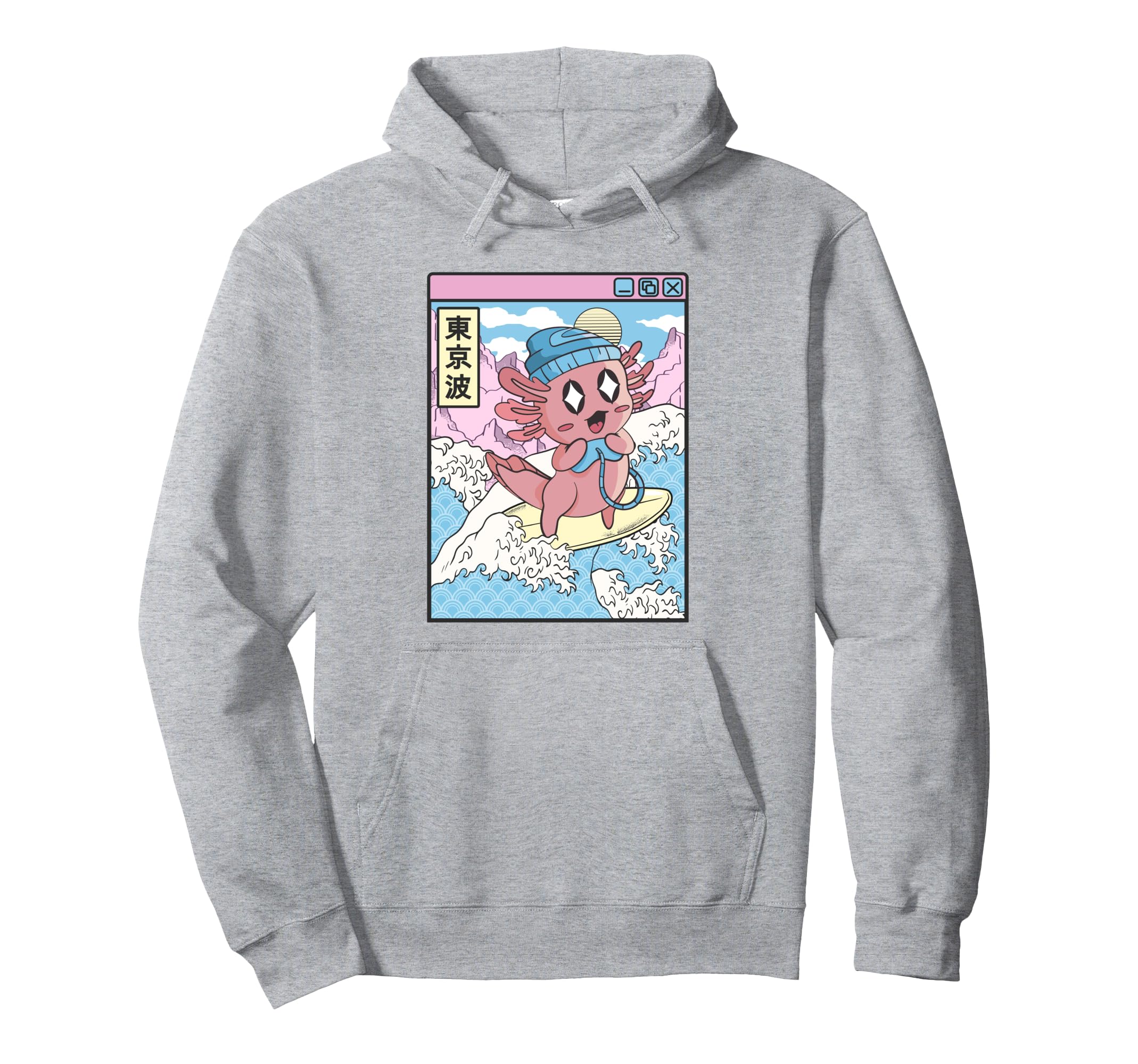 Gaming Axolotl Surfing Japanese Wave Hoodie - Graphic Print Men Women - T-Shirt, Sweatshirt, Hoodie
