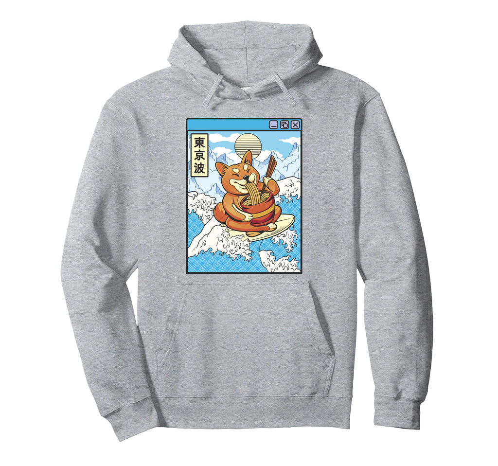 Surfing Shiba Inu Eating Ramen Hoodie - Fun Novelty Design for Adults - T-Shirt, Sweatshirt, Hoodie
