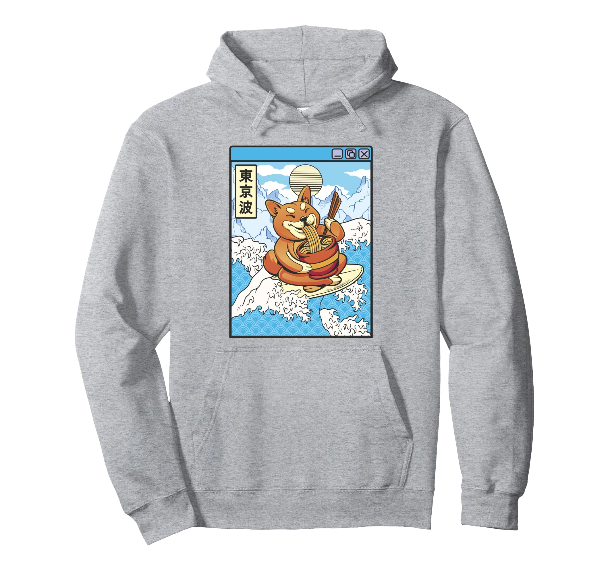 Surfing Shiba Inu Eating Ramen Hoodie - Fun Novelty Design for Adults - T-Shirt, Sweatshirt, Hoodie