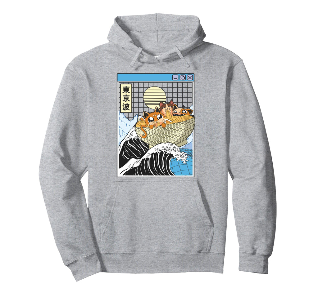 Cats Eating Ramen Kanagawa Wave Kawaii Hoodie - Minimalist Print Men Women - T-Shirt, Sweatshirt, Hoodie
