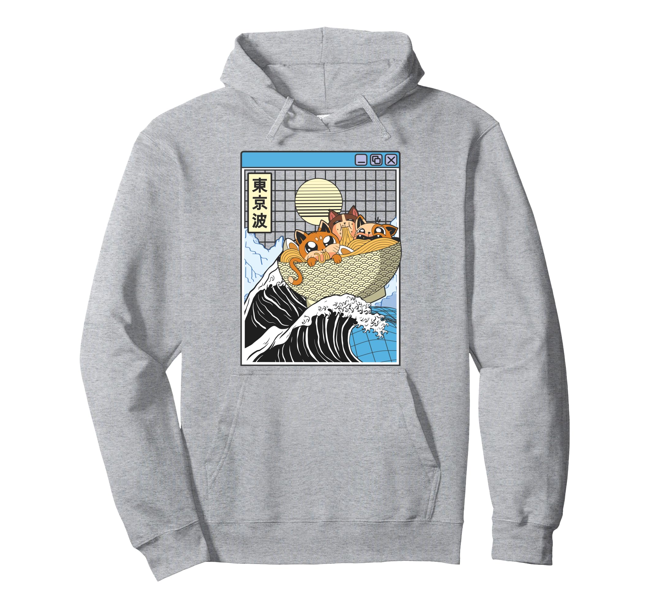 Cats Eating Ramen Kanagawa Wave Kawaii Hoodie - Minimalist Print Men Women - T-Shirt, Sweatshirt, Hoodie