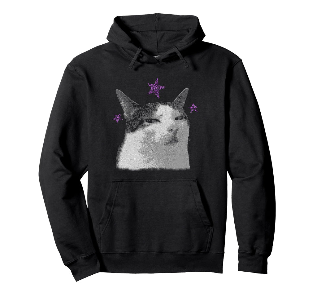 Funny Cat Meme Purple Stars Y2K Silly Kitty Hoodie - Novelty Apparel Unisex - T-Shirt, Sweatshirt, Hoodie