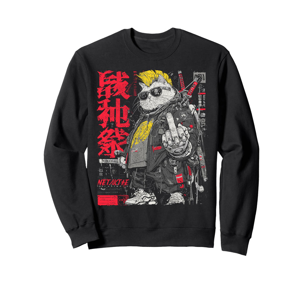 Japanese Streetwear Samurai Cat Sweatshirt - Fun Novelty Design Men Women - T-Shirt, Sweatshirt, Hoodie