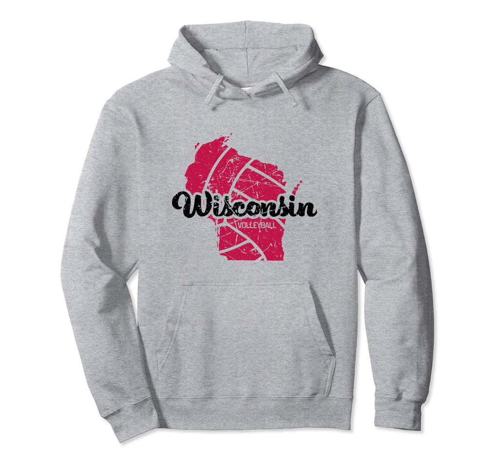Wisconsin Volleyball Script Distressed Hoodie - Novelty Apparel for Adults - T-Shirt, Sweatshirt, Hoodie