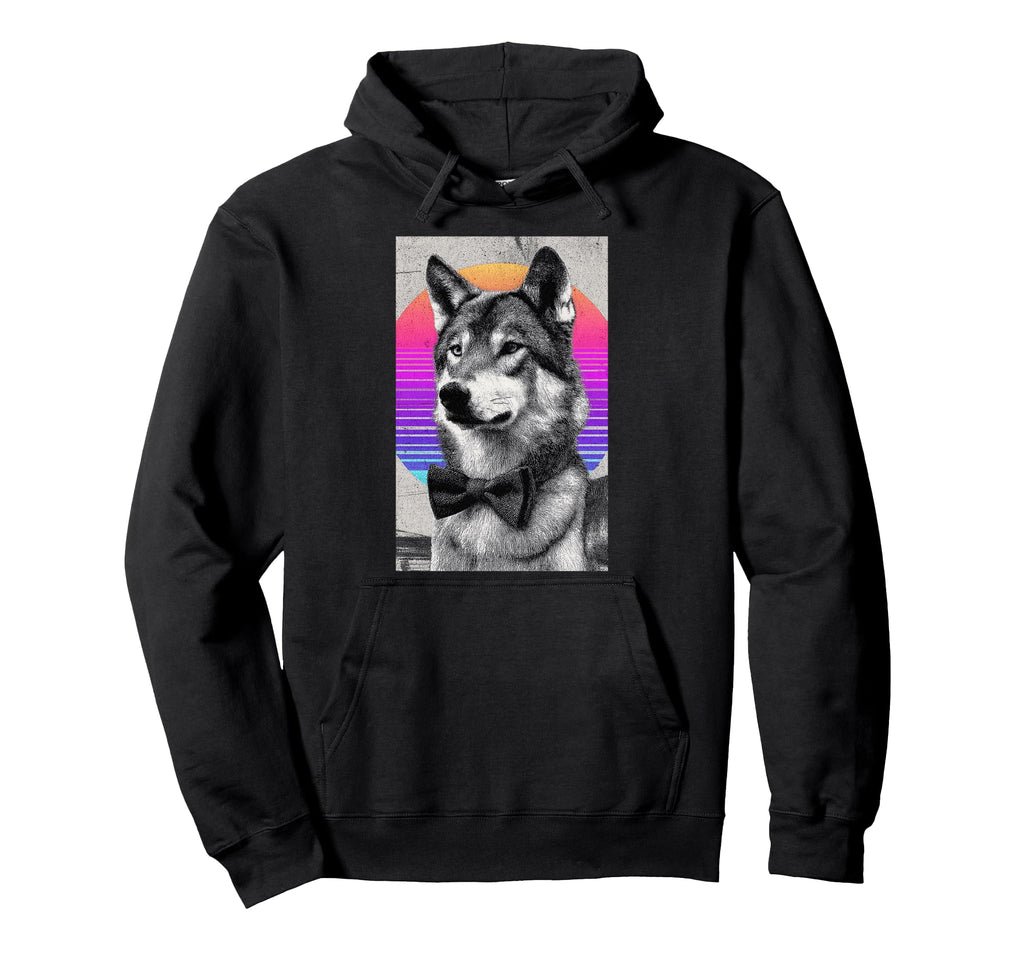 Funny Wolf Bow Tie 80S Synthwave Hoodie - Graphic Print for Adults - T-Shirt, Sweatshirt, Hoodie
