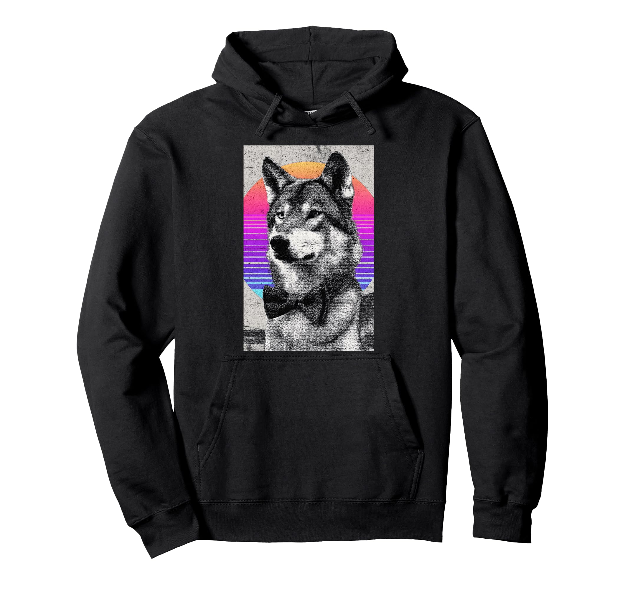 Funny Wolf Bow Tie 80S Synthwave Hoodie - Graphic Print for Adults - T-Shirt, Sweatshirt, Hoodie