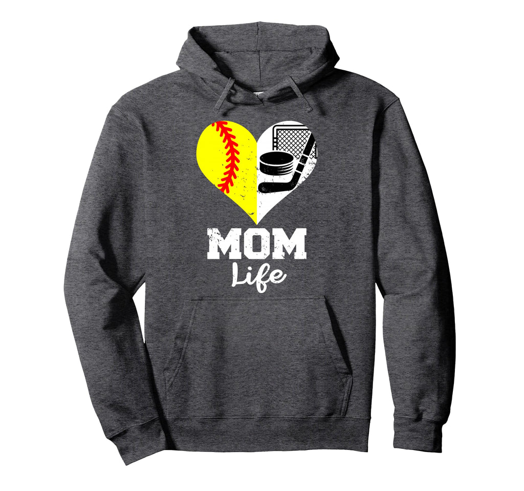 Mom Life Heart Funny Softball Hockey Hoodie - Novelty Apparel for Adults - T-Shirt, Sweatshirt, Hoodie