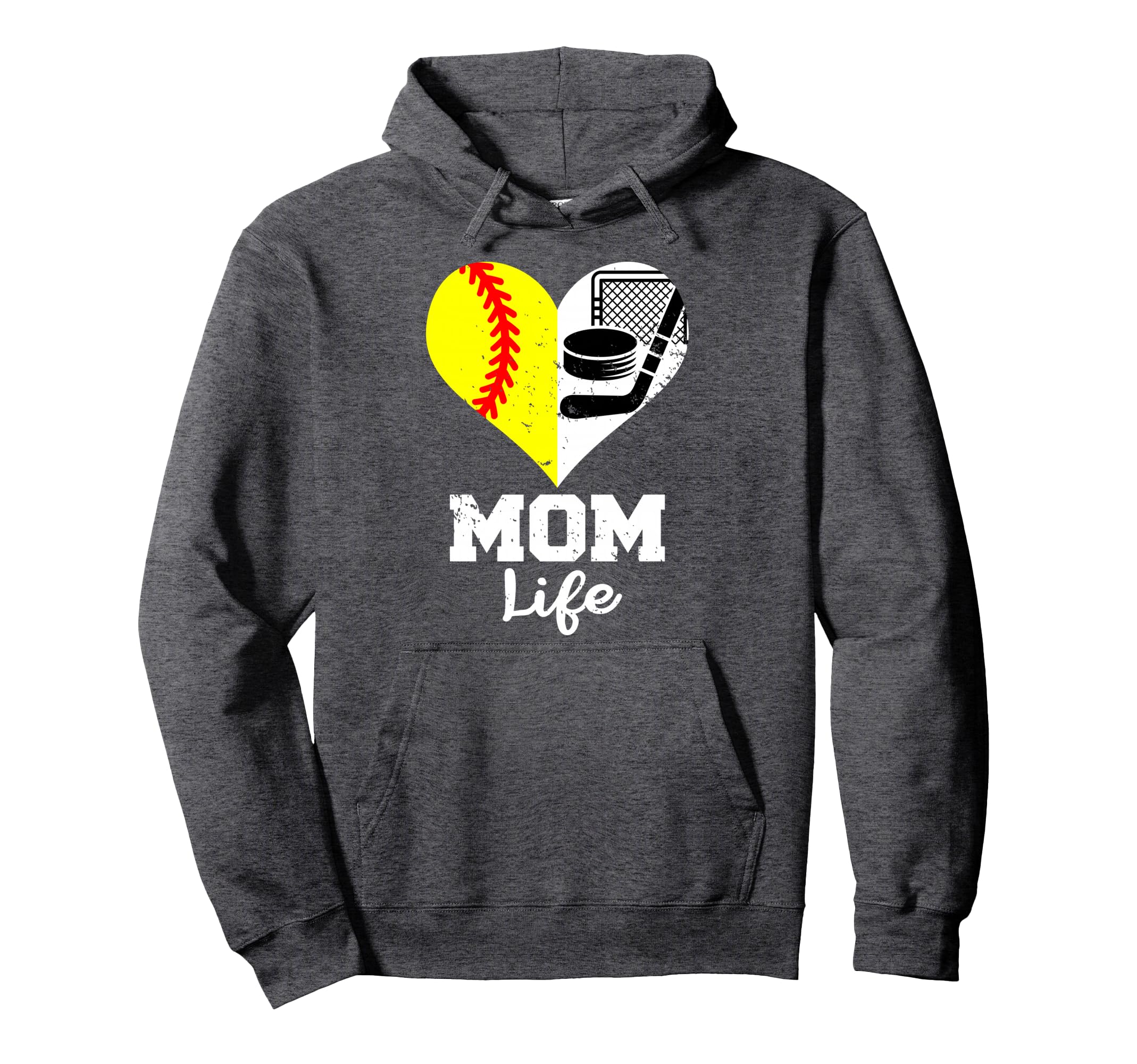 Mom Life Heart Funny Softball Hockey Hoodie - Novelty Apparel for Adults - T-Shirt, Sweatshirt, Hoodie