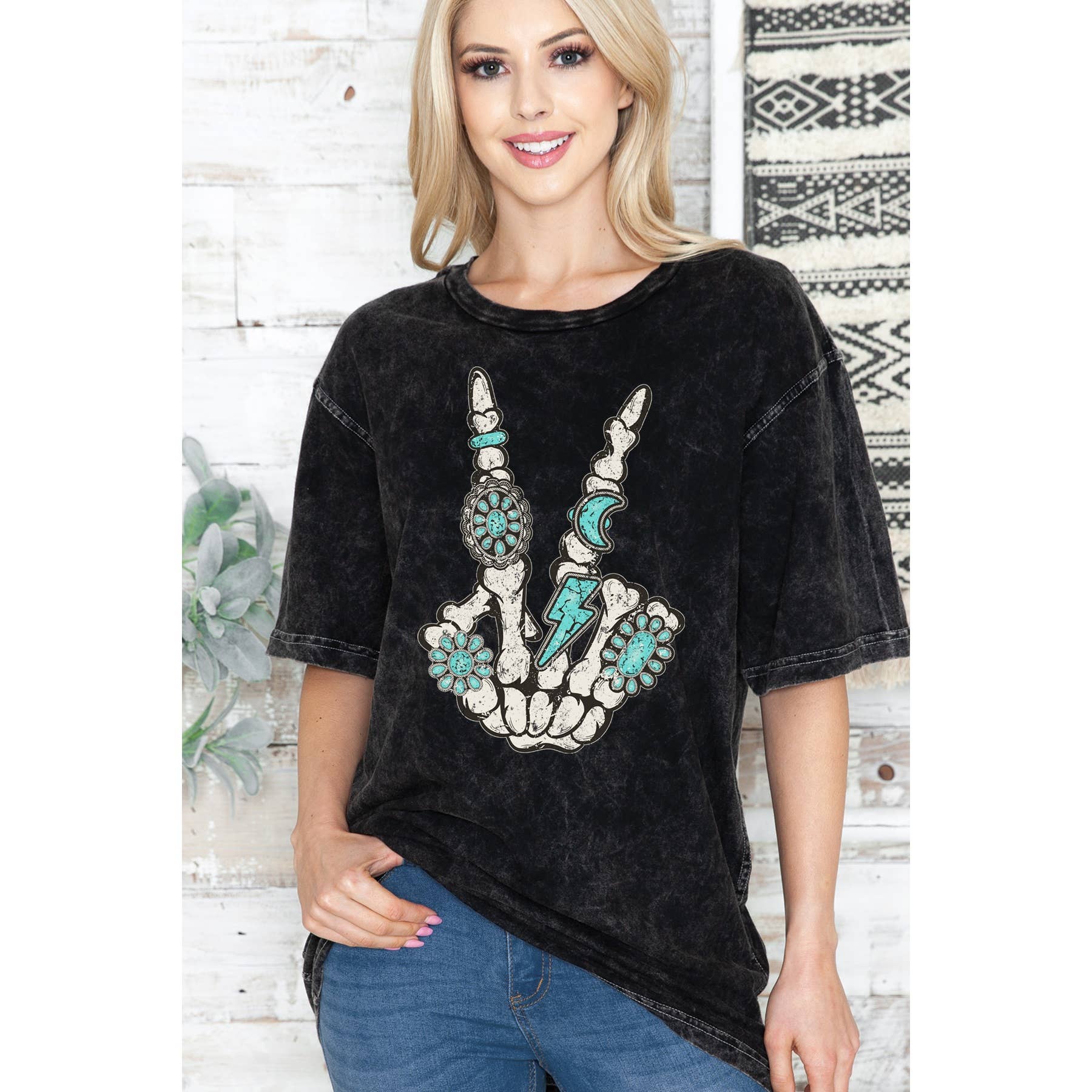 Skeleton Turquoise Peace Print Oversize Mineral Wash - Adult & Kids T-Shirts, Sweatshirts & Hoodies apparel design preview 1