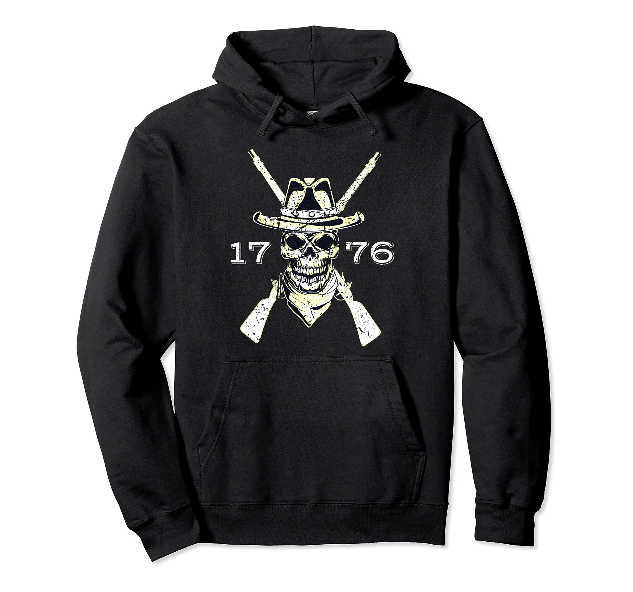 Revolutionary Pioneer Skull 1776 Distressed Hoodie - Novelty Apparel Unisex - T-Shirt, Sweatshirt, Hoodie