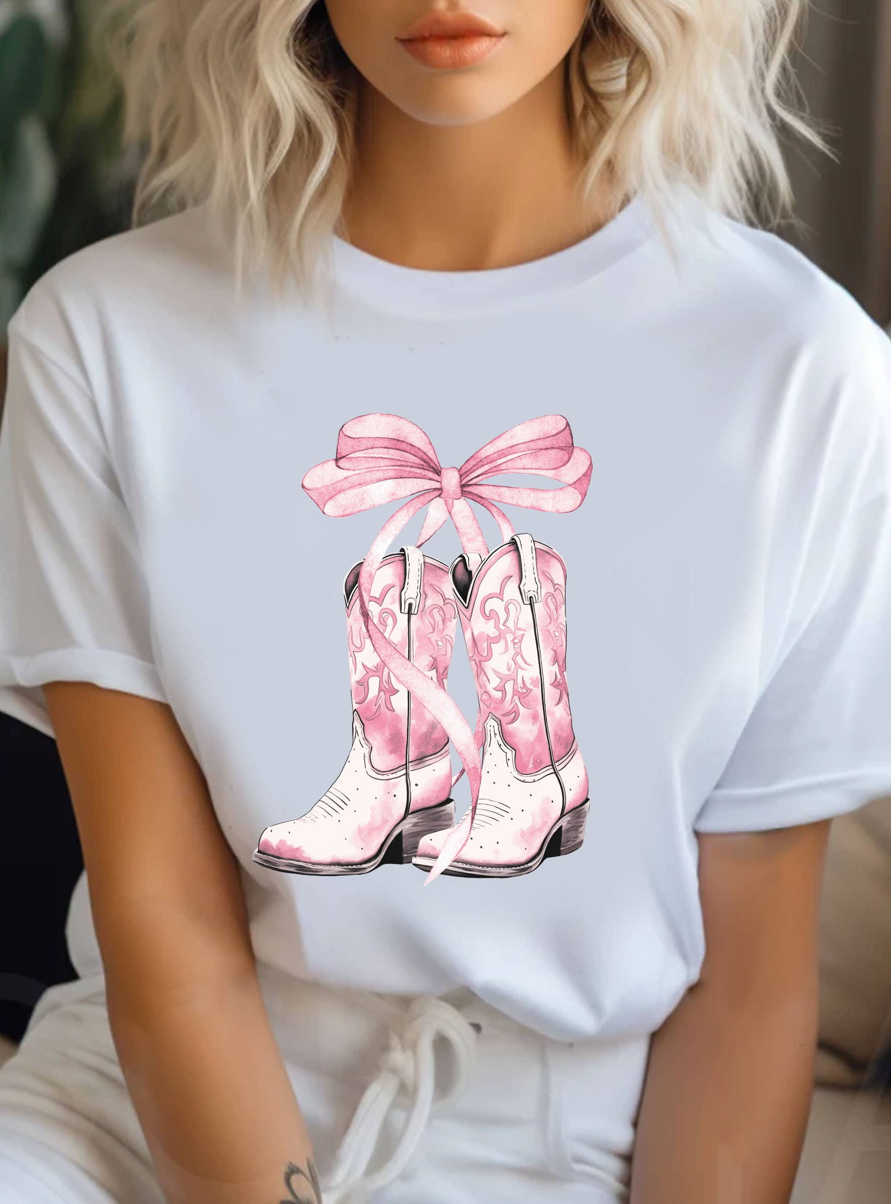 Pink Coquette Bow Cowgirl Boots Graphic - Adult & Kids T-Shirts, Sweatshirts & Hoodies apparel design preview 1