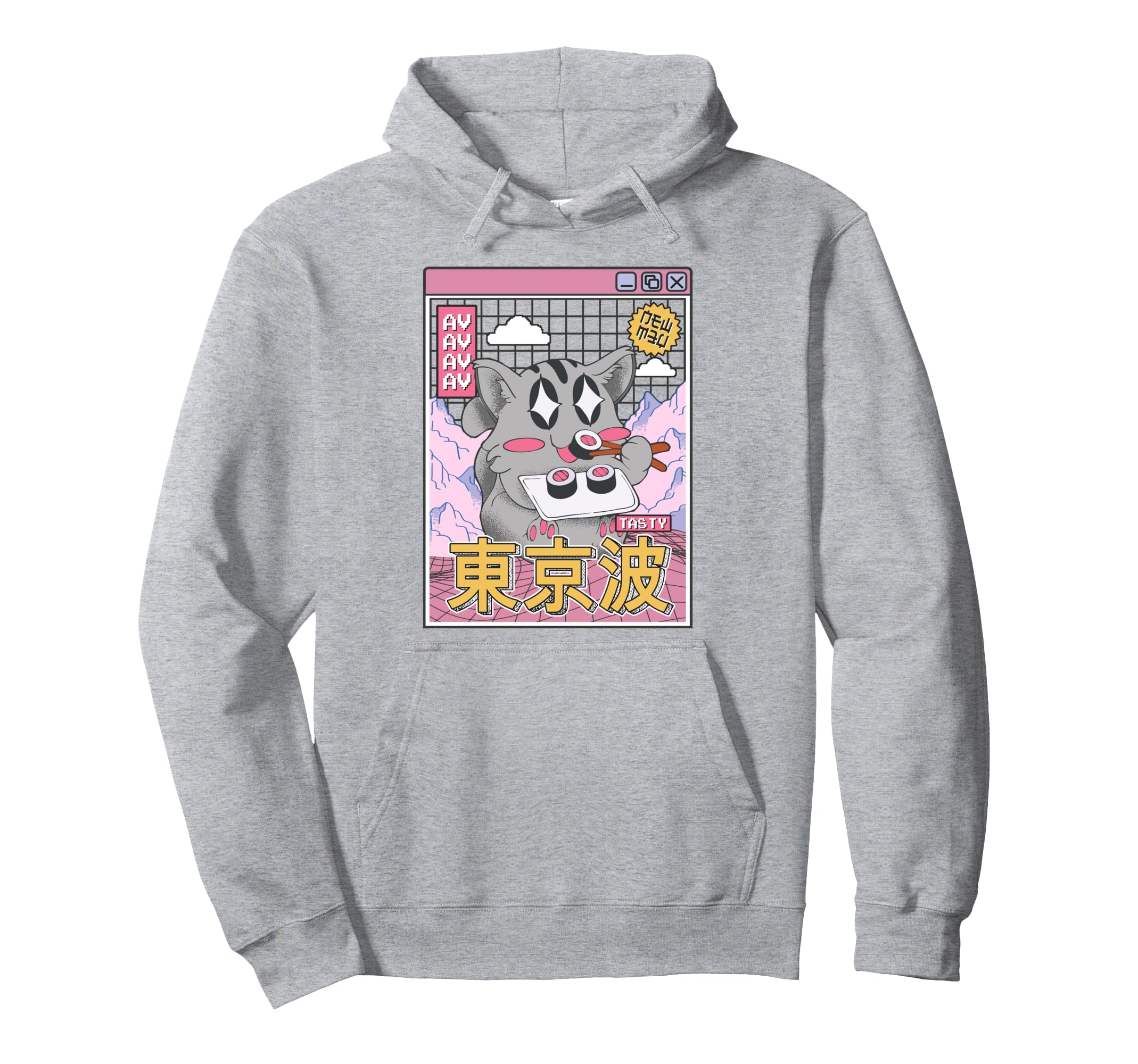 Happy Cat Eating Sushi Vaporwave Hoodie - Casual Everyday Wear for Adults - T-Shirt, Sweatshirt, Hoodie