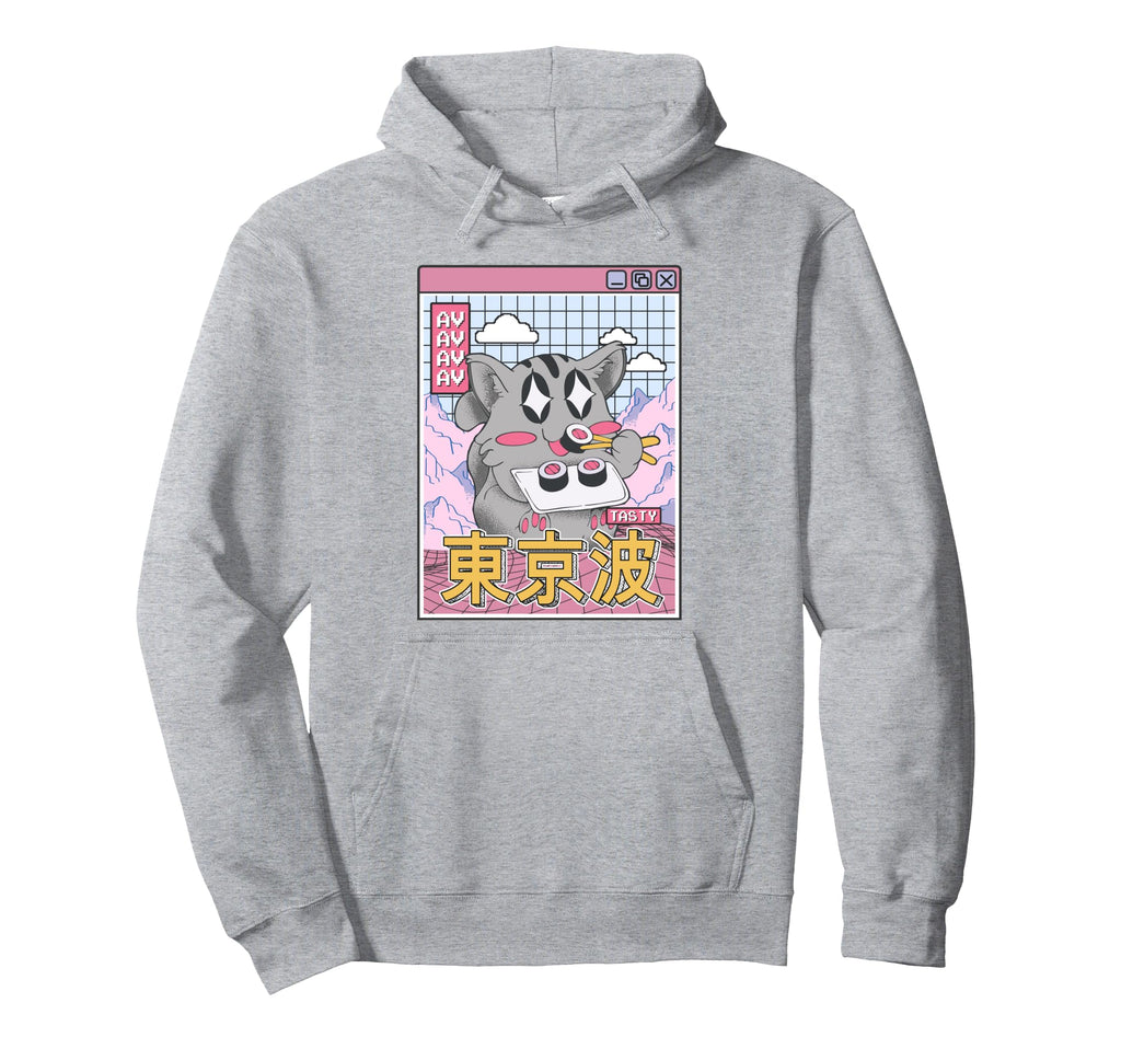 Happy Cat Eating Sushi Vaporwave Hoodie - Graphic Print for Adults - T-Shirt, Sweatshirt, Hoodie