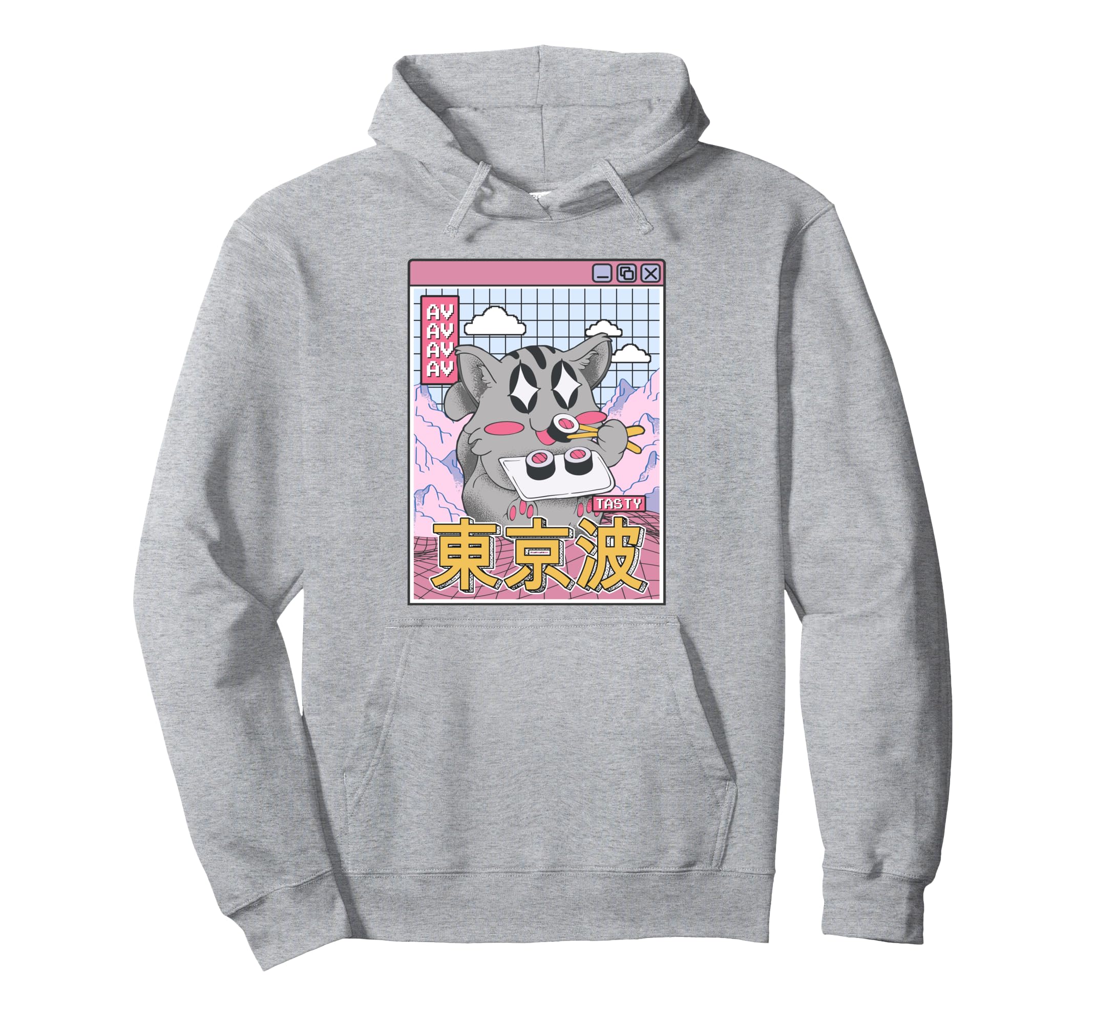Happy Cat Eating Sushi Vaporwave Hoodie - Graphic Print for Adults - T-Shirt, Sweatshirt, Hoodie