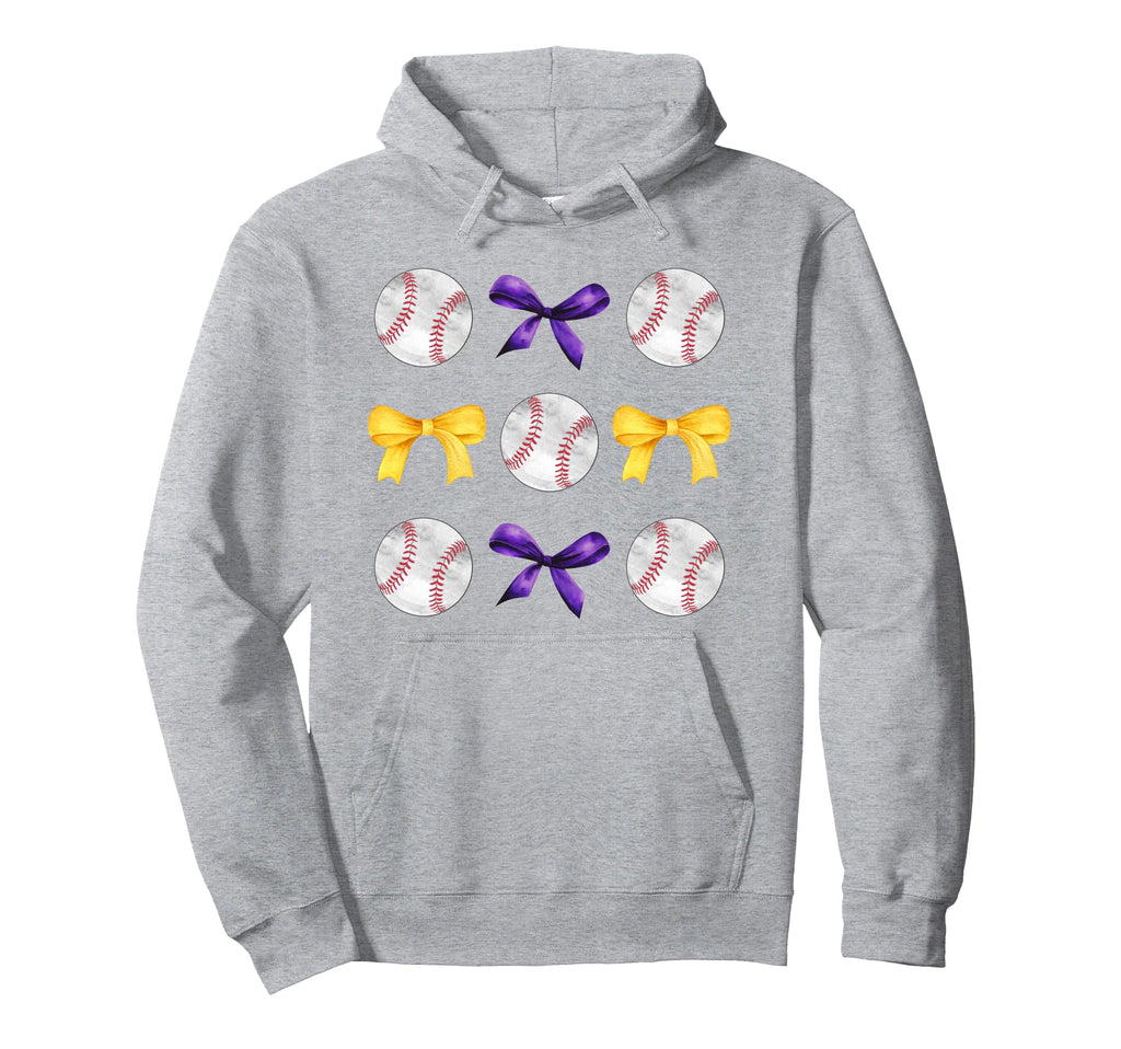 Baseballs Purple Gold Bows Ball Mom Hoodie - Novelty Apparel for Adults - T-Shirt, Sweatshirt, Hoodie