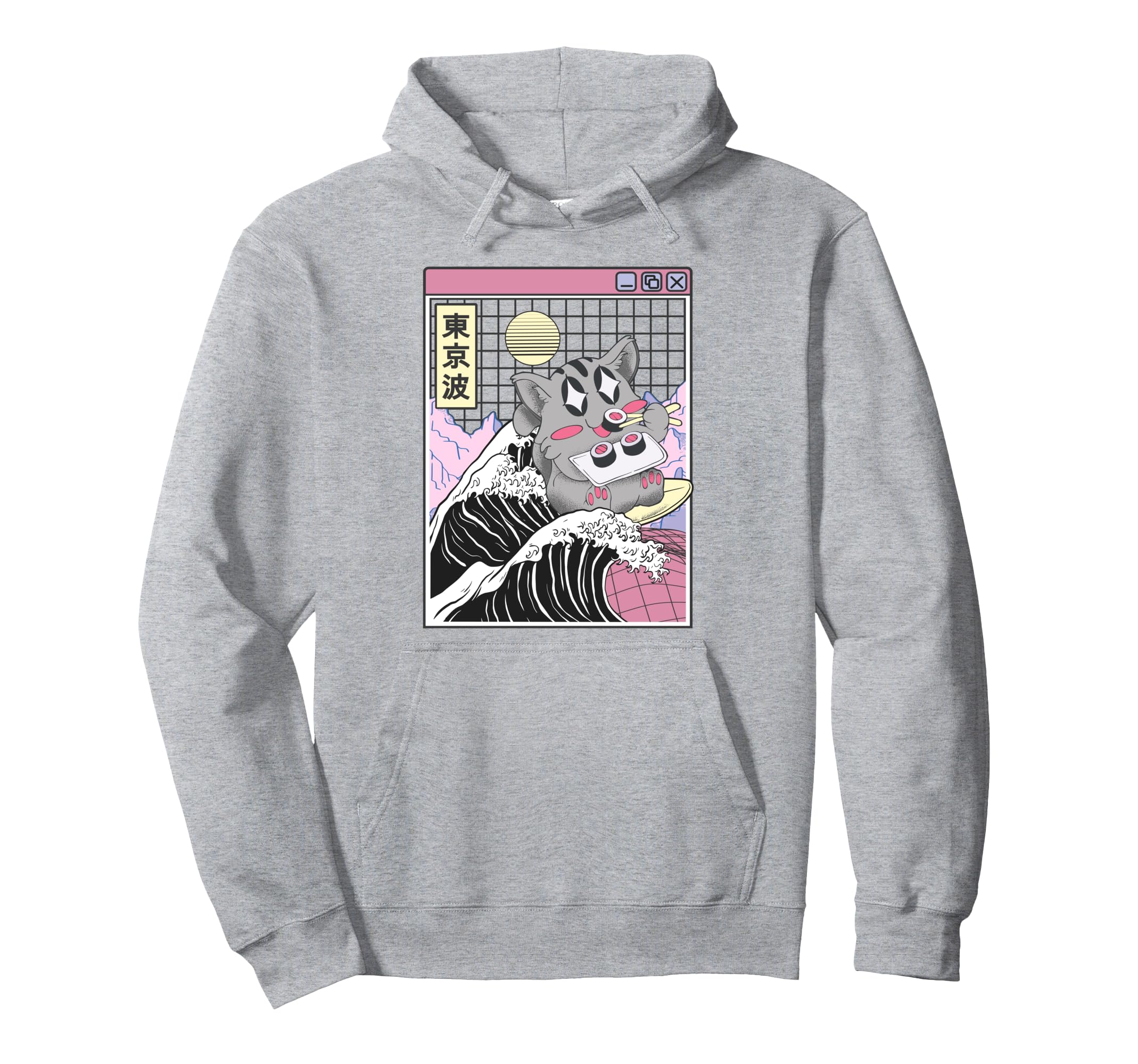 Cat Eating Sushi Surfing Kanagawa Hoodie - Aesthetic Graphic for Adults - T-Shirt, Sweatshirt, Hoodie